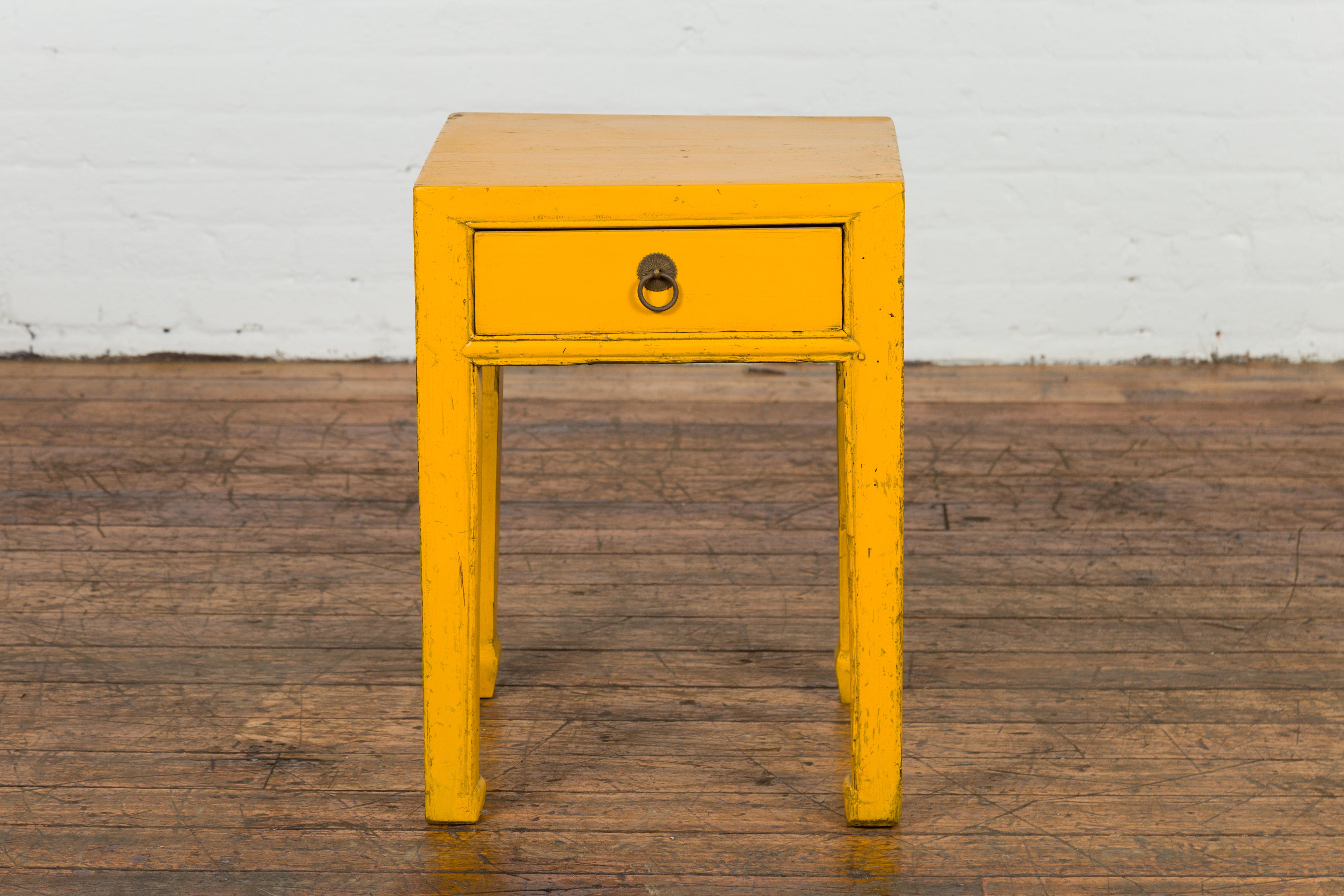 Brass Chinese Vintage Distressed Yellow Lacquer with Single Drawer and Horse Hoof Feet For Sale