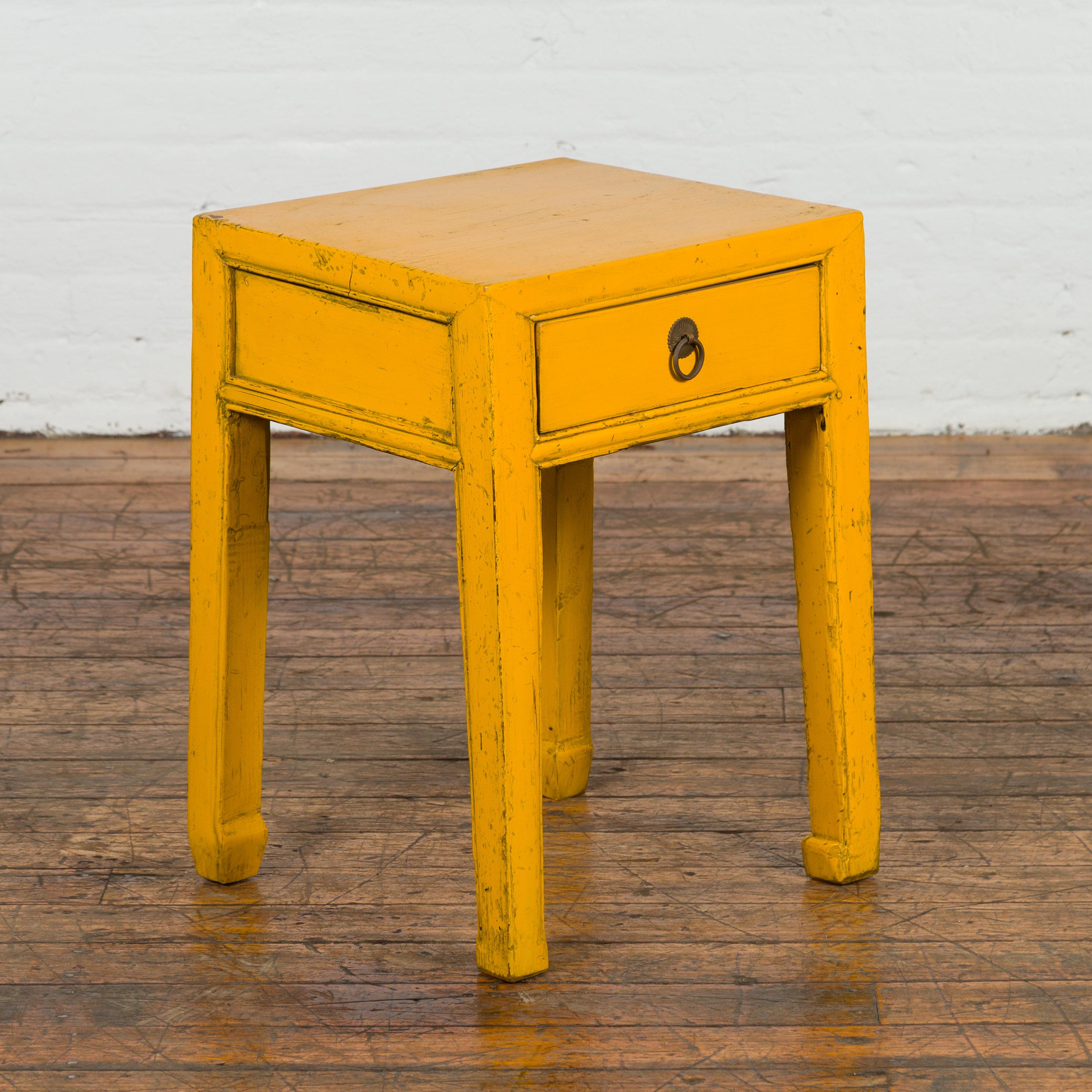 Chinese Vintage Distressed Yellow Lacquer with Single Drawer and Horse Hoof Feet For Sale 2