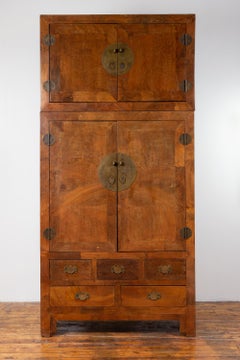 Vintage Elm Wood Compound Two-Part Wedding Wardrobe with Doors and Drawers