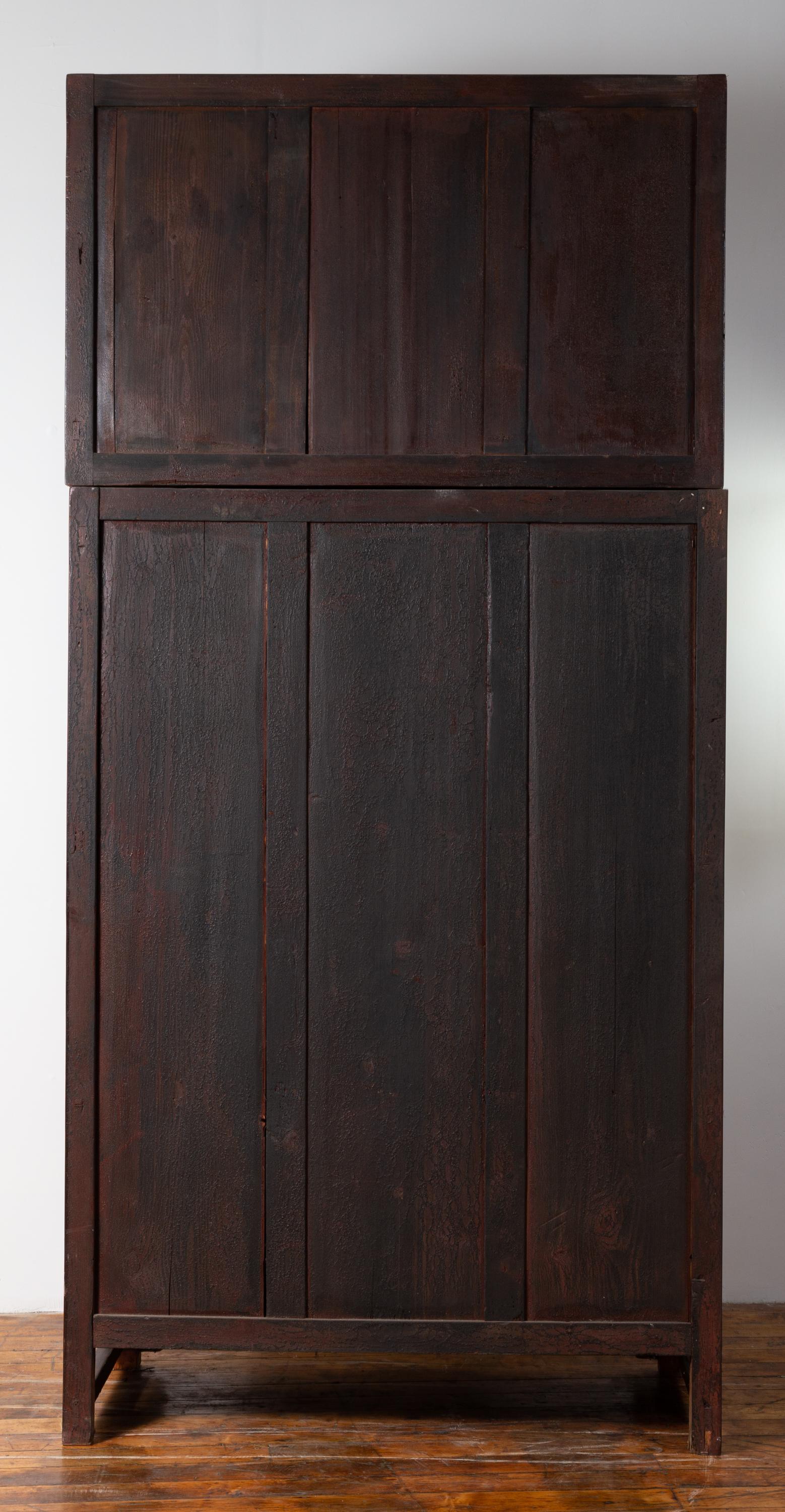 Brass Vintage Elm Wood Compound Two-Part Wedding Wardrobe with Doors and Drawers For Sale