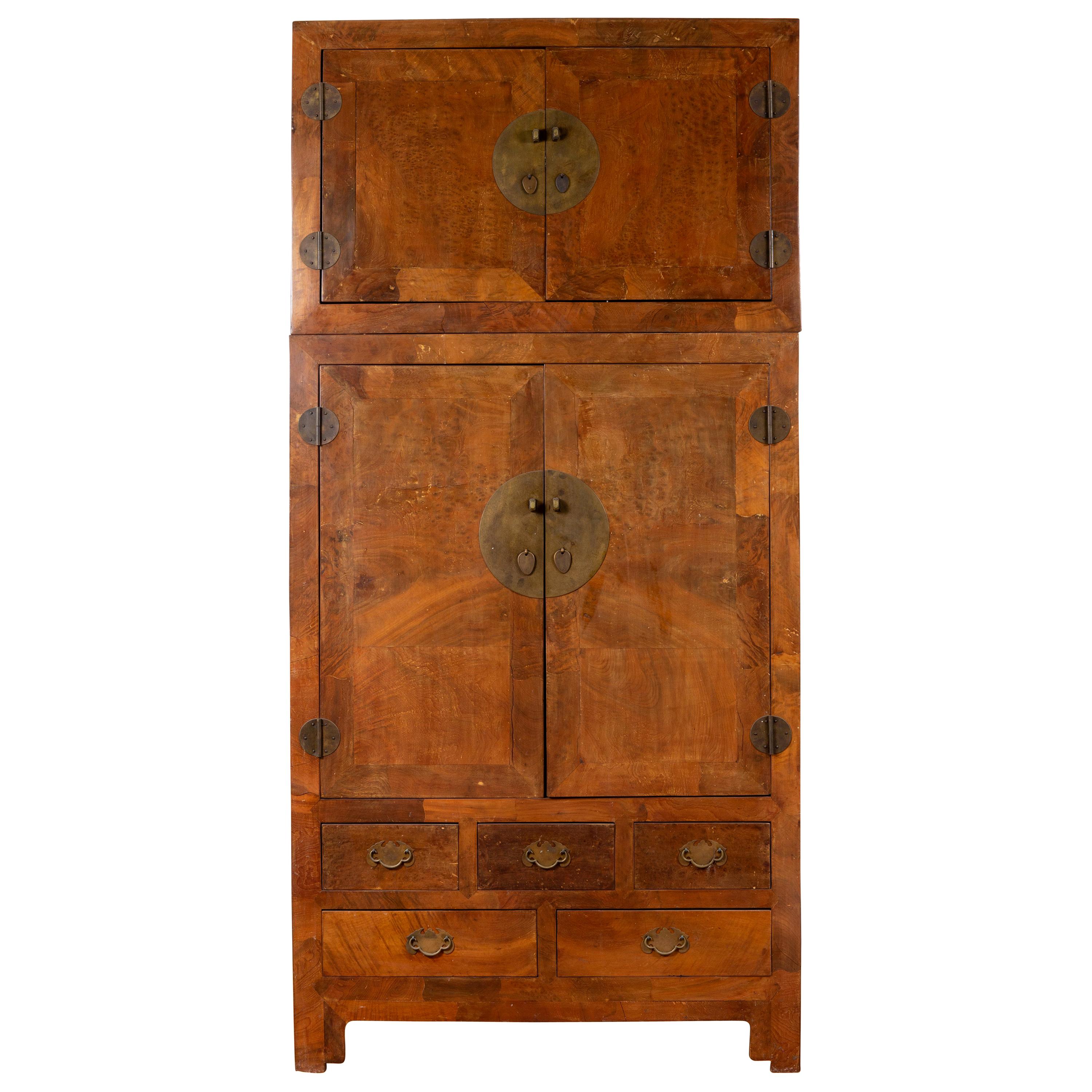 Armoire de mariée vintage en bois d'orme combinée en deux parties avec portes et tiroirs