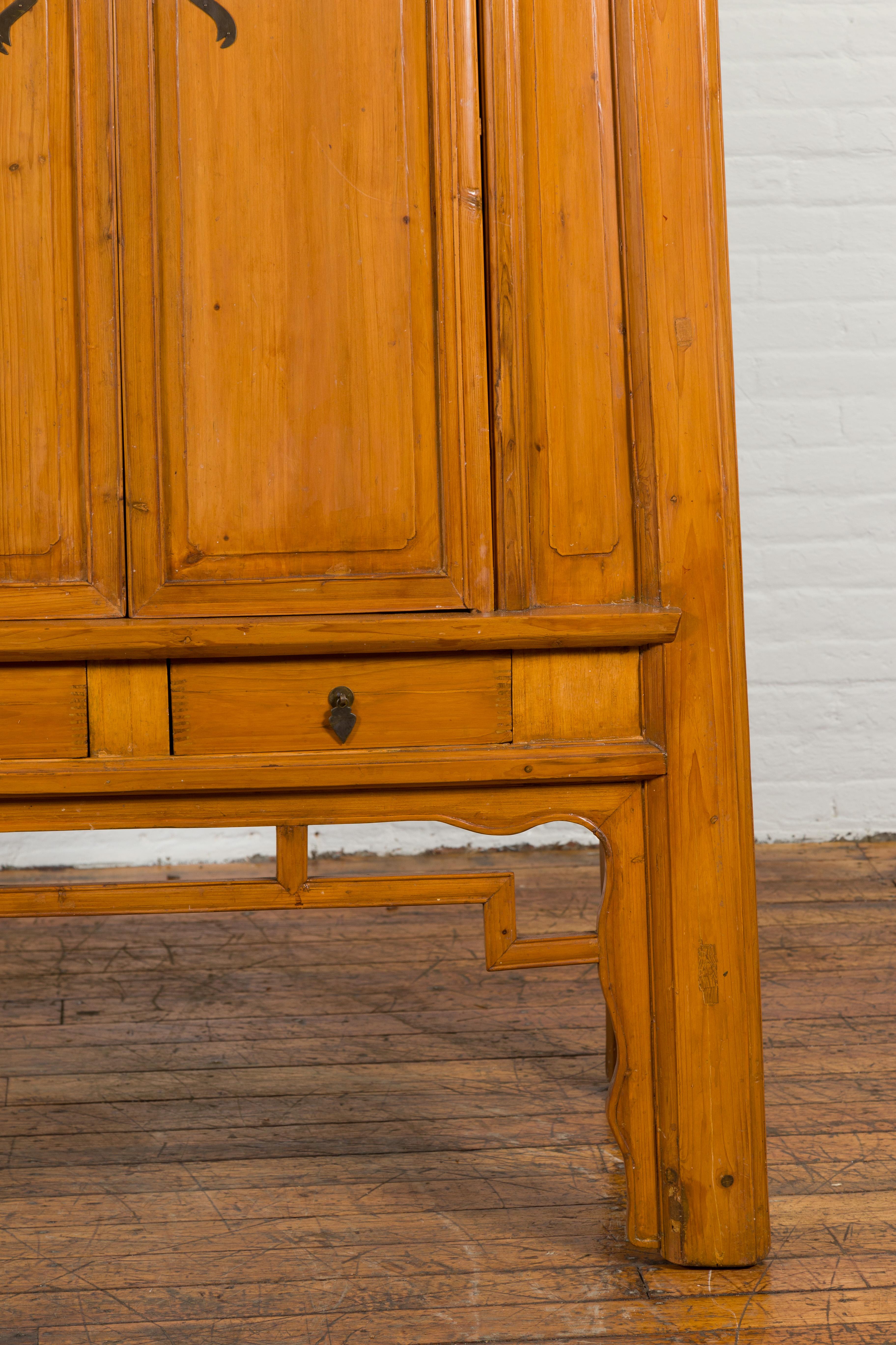 Chinese Vintage Elm Wedding Cabinet with Large Butterfly Hardware and Drawers 3