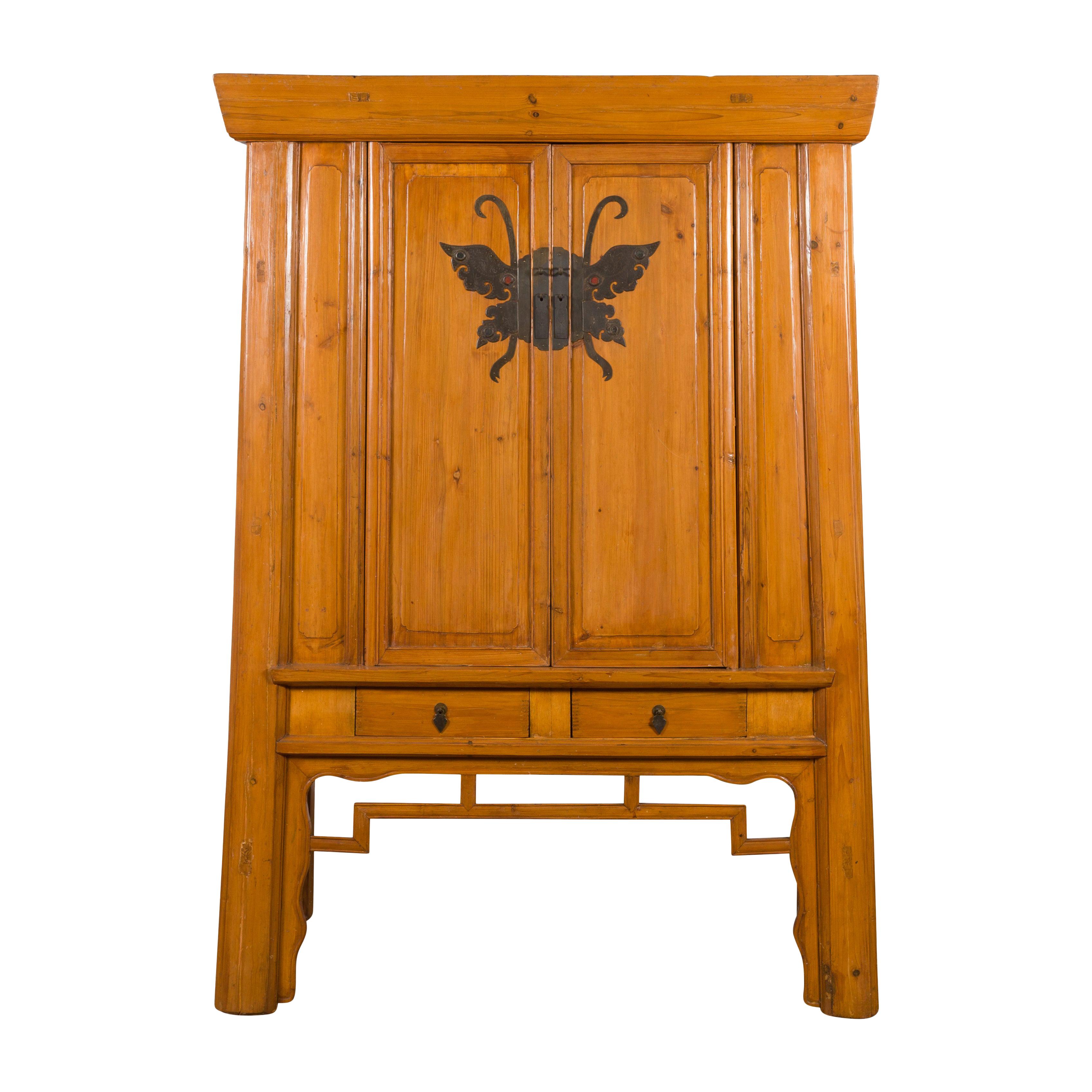 Chinese Vintage Elm Wedding Cabinet with Large Butterfly Hardware and Drawers
