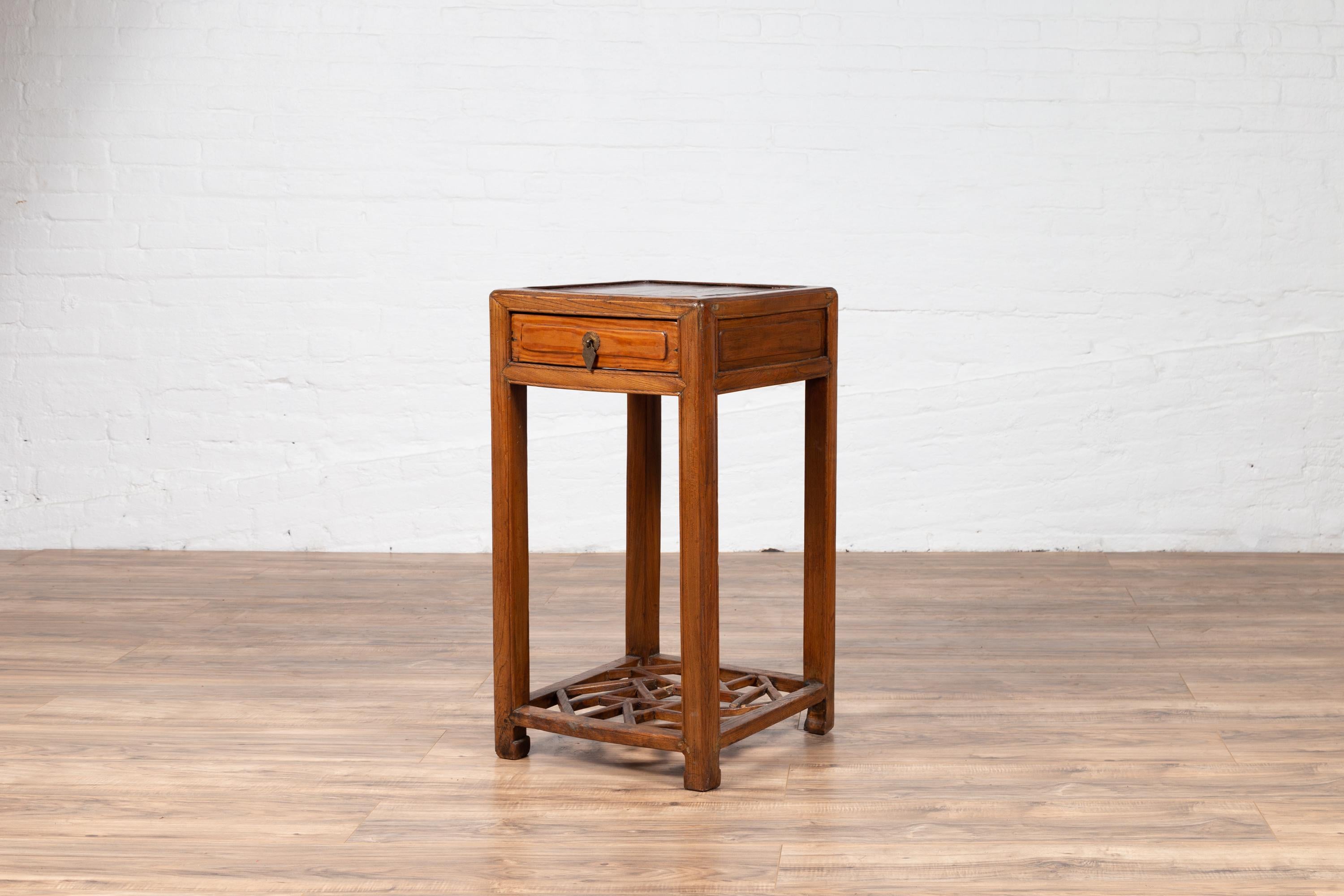 Chinese Vintage Elmwood Lamp Table with Single Drawer and Cracked Ice Shelf For Sale 5