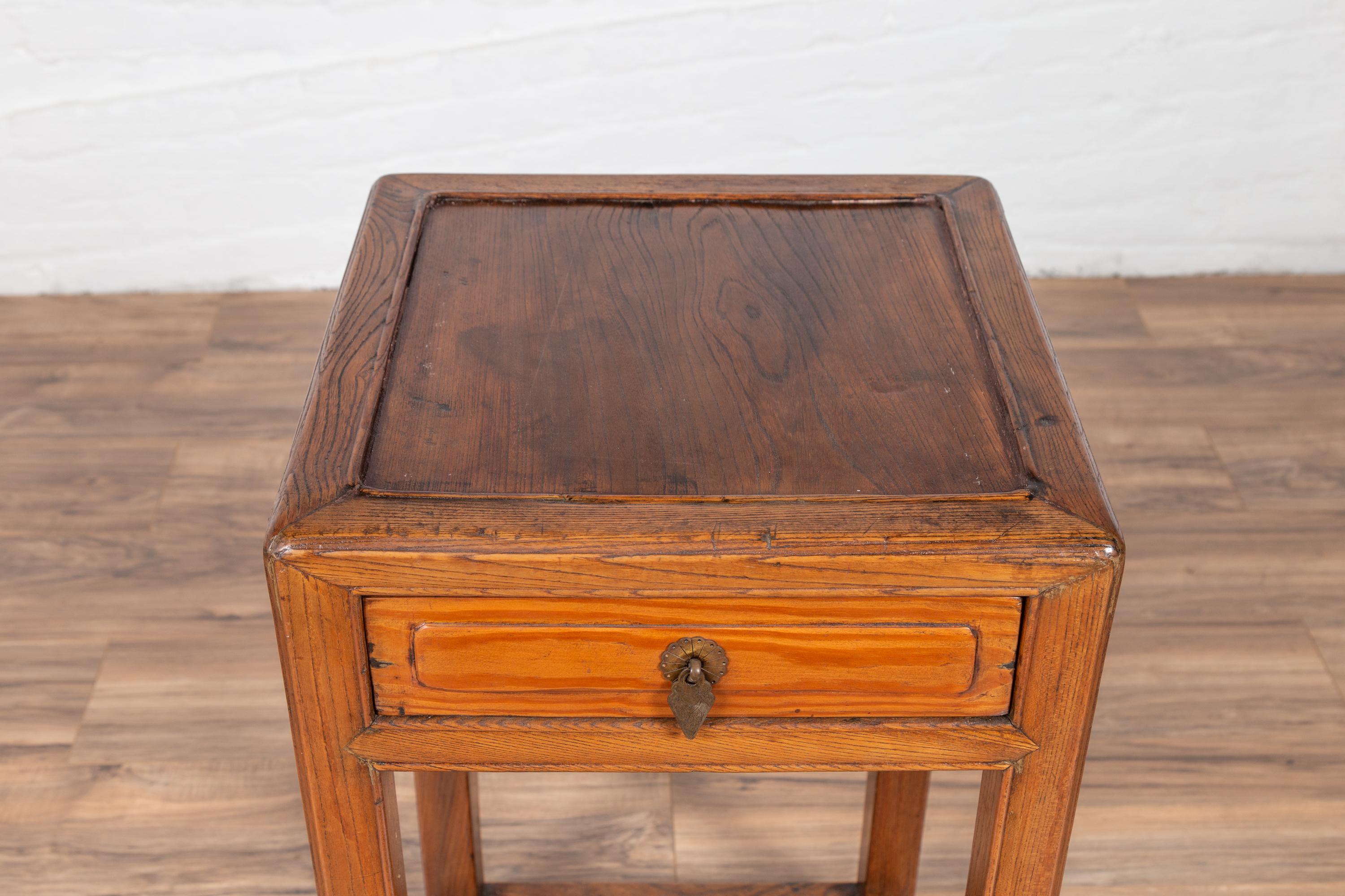 Chinese Elmwood Lamp Table with Single Drawer, Horsehoof Feet and Cracked Ice Shelf For Sale