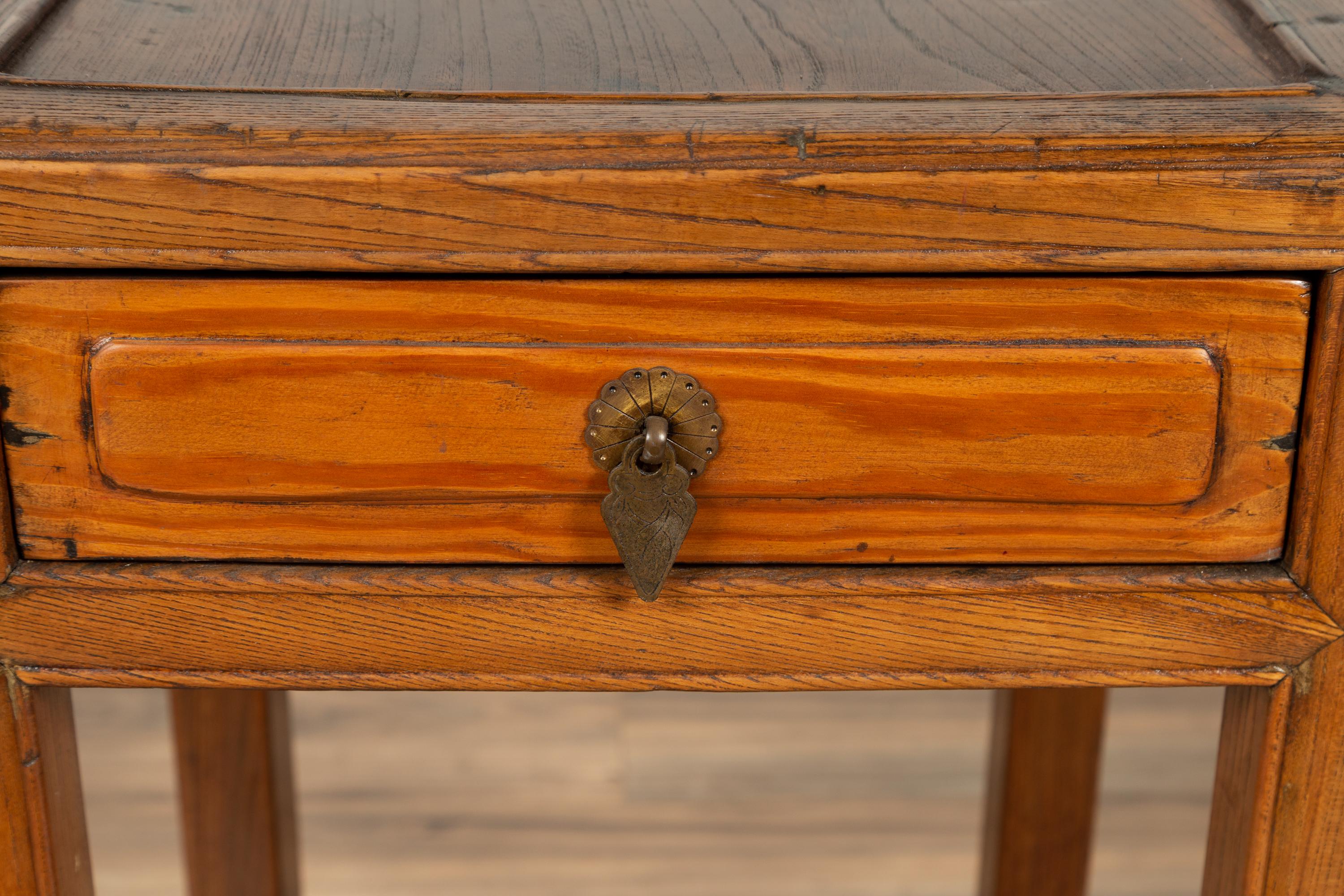 Carved Elmwood Lamp Table with Single Drawer, Horsehoof Feet and Cracked Ice Shelf For Sale