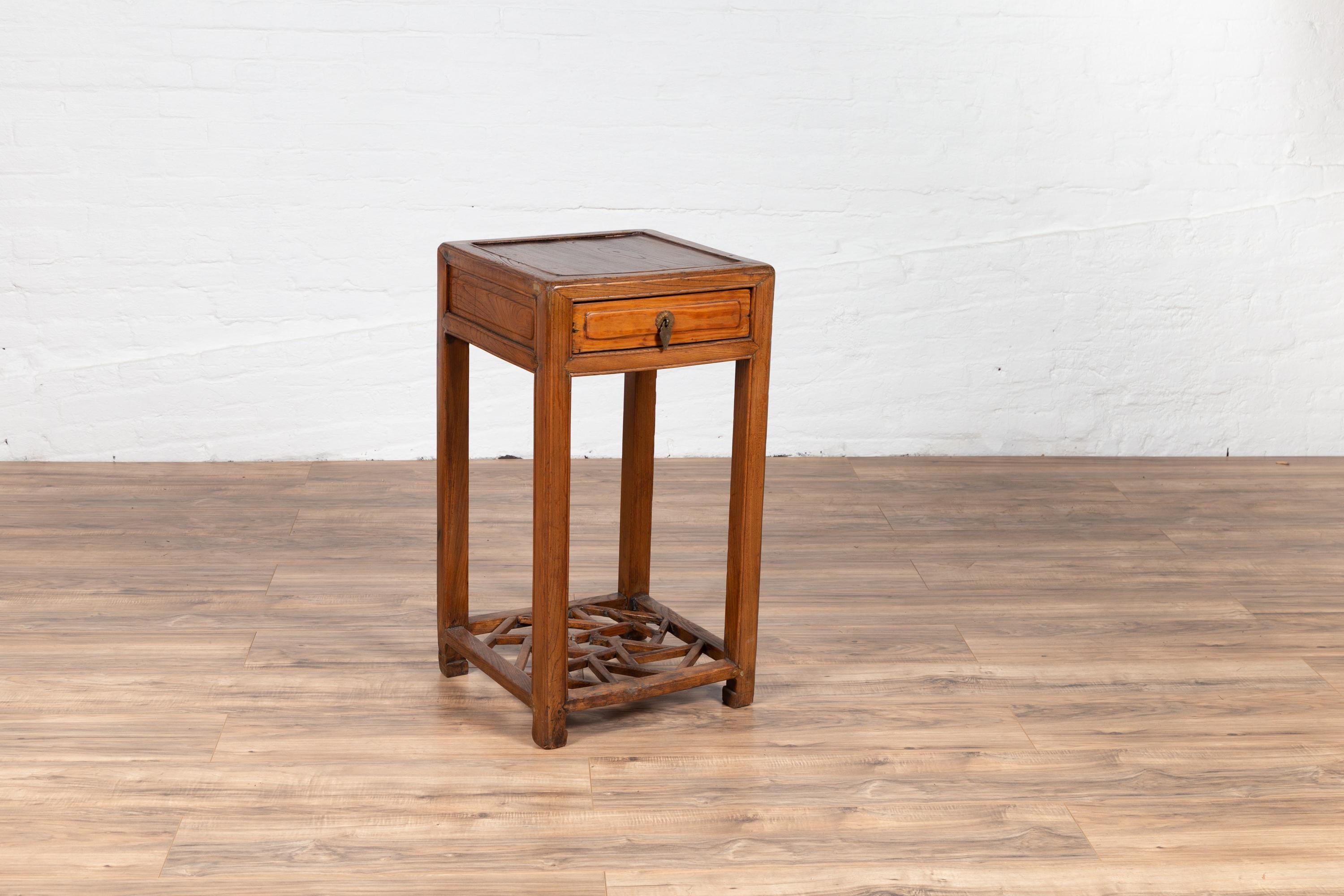 Elmwood Lamp Table with Single Drawer, Horsehoof Feet and Cracked Ice Shelf In Fair Condition For Sale In Yonkers, NY