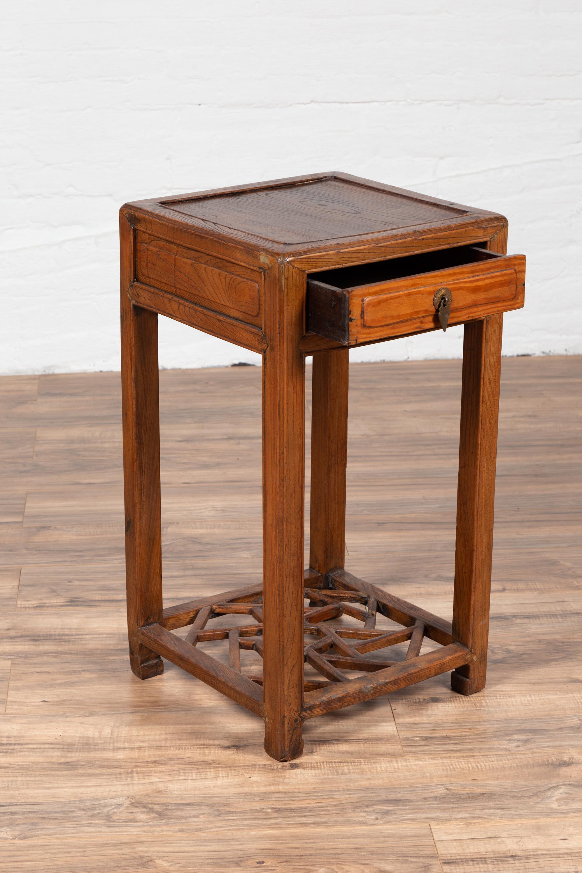 Chinese Vintage Elmwood Lamp Table with Single Drawer and Cracked Ice Shelf For Sale 3