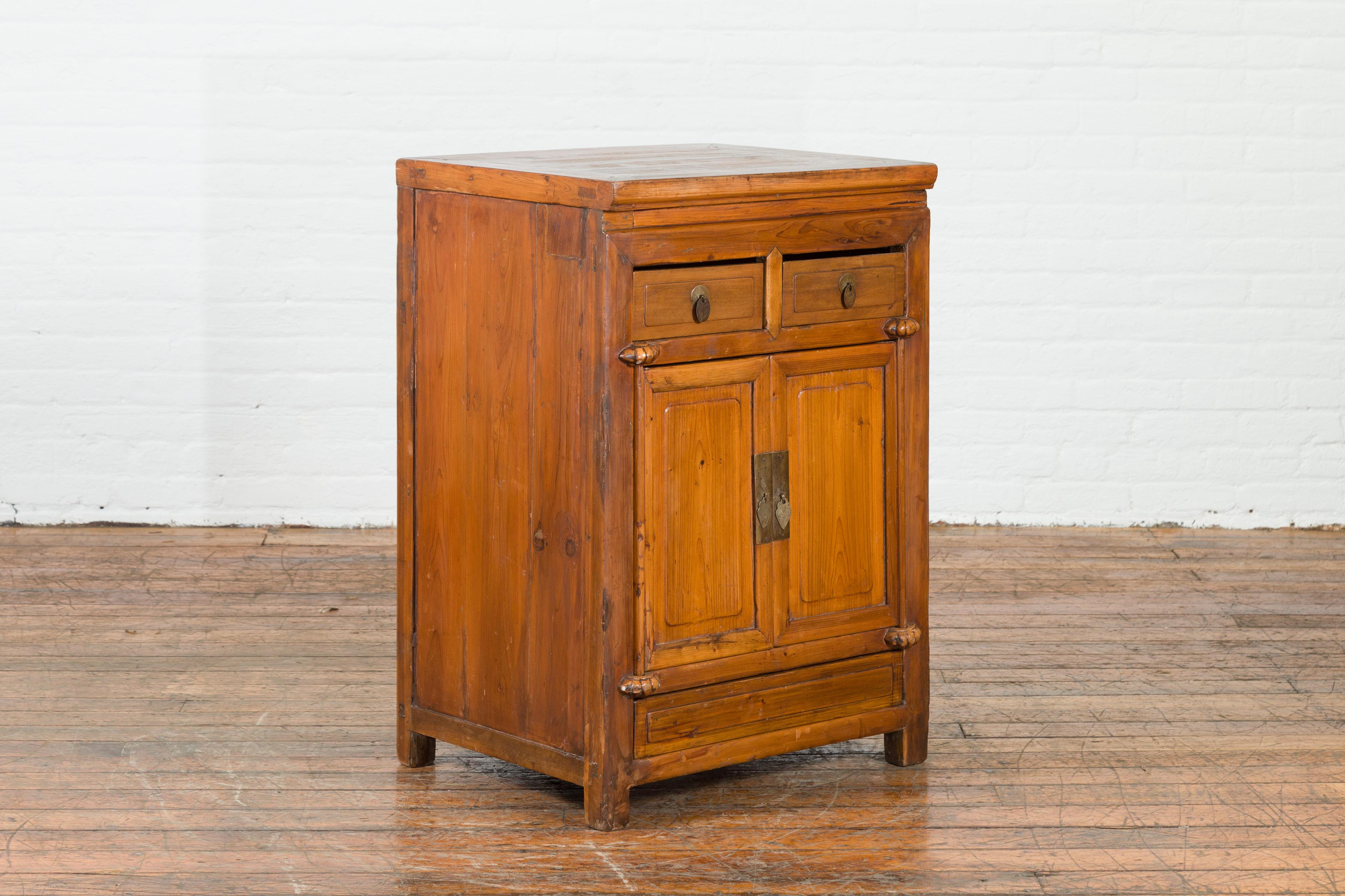 Vintage Brown Elmwood Chinese Side Cabinet with Two Drawers over Double Doors In Good Condition For Sale In Yonkers, NY