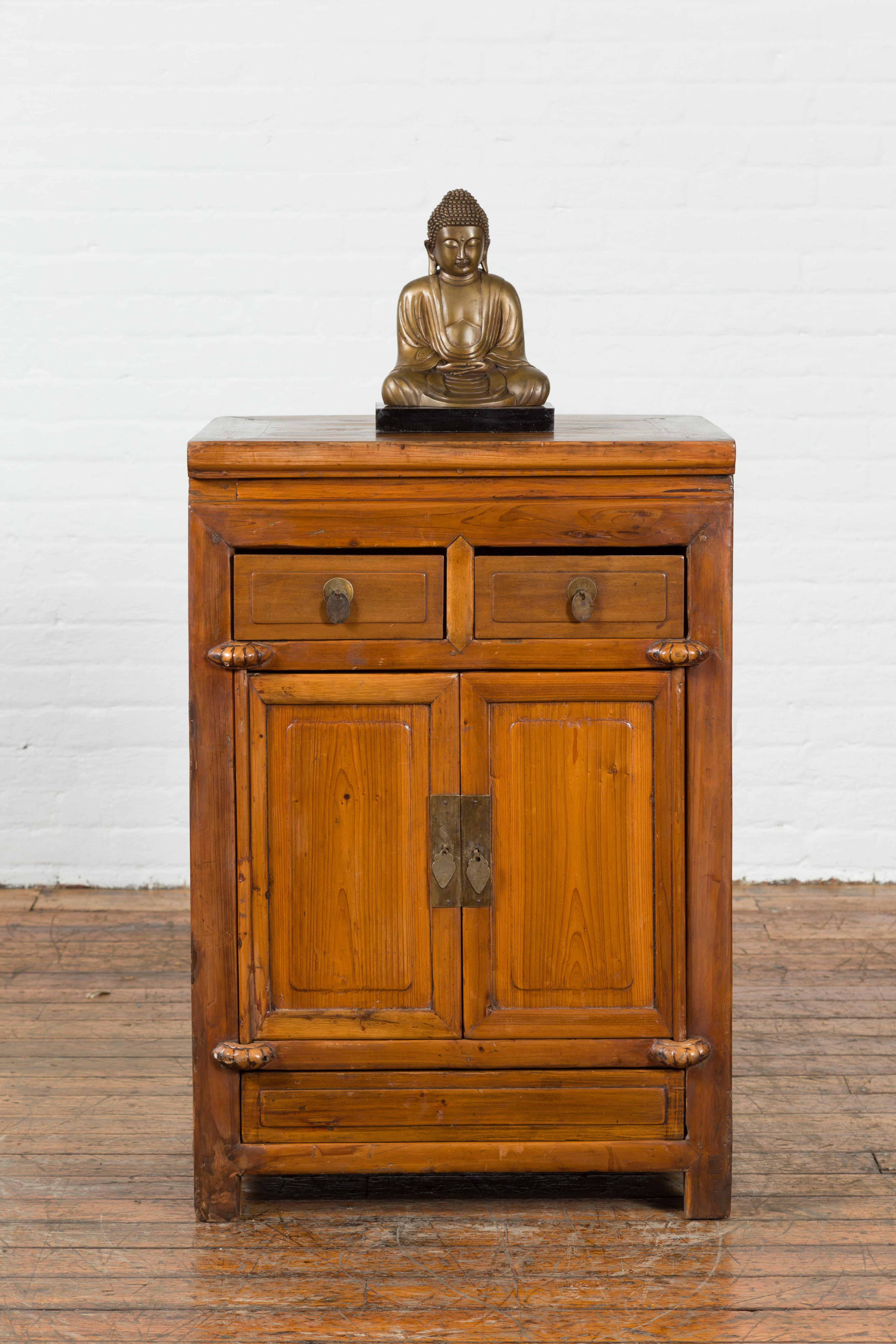 20th Century Vintage Brown Elmwood Chinese Side Cabinet with Two Drawers over Double Doors For Sale
