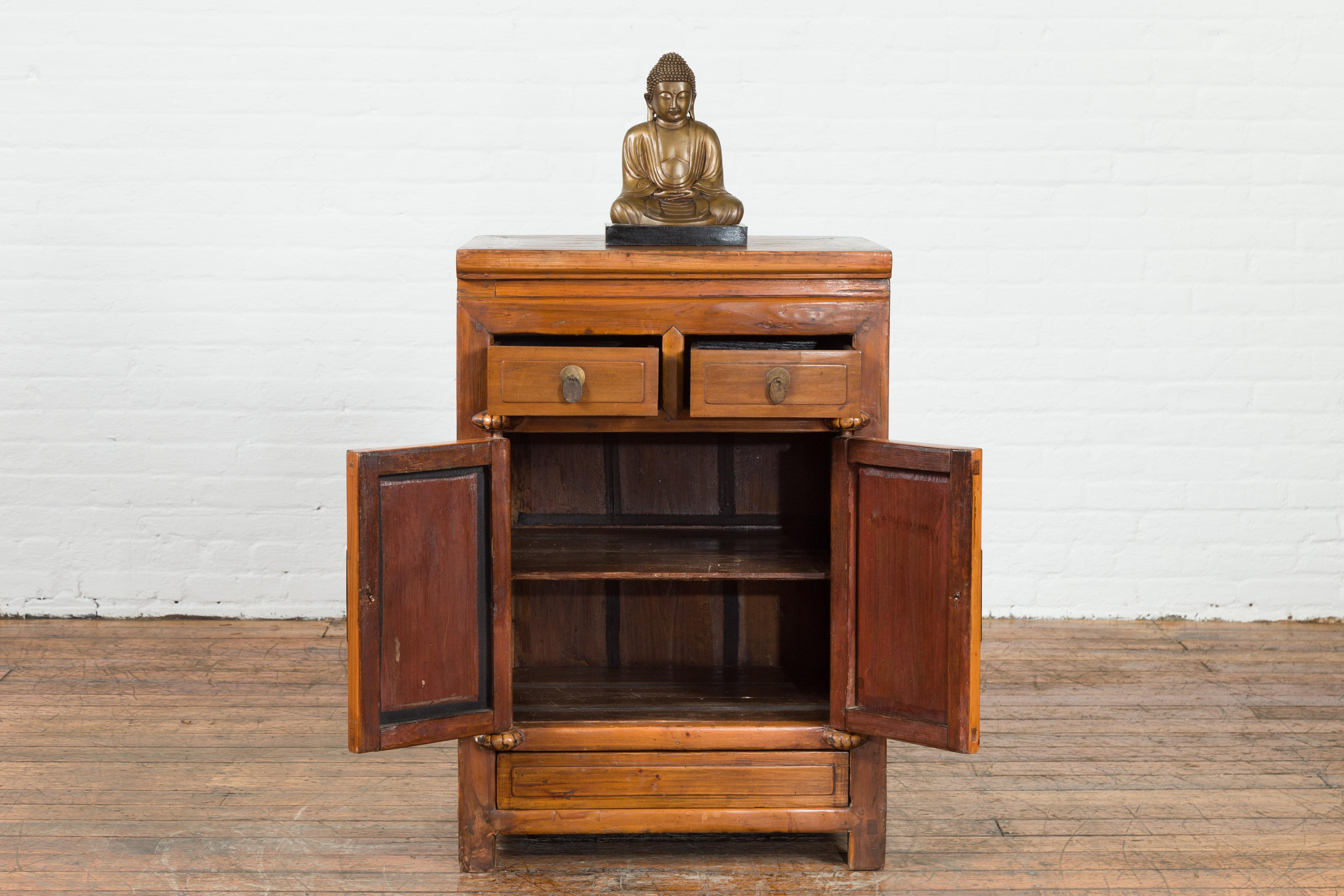 Brass Vintage Brown Elmwood Chinese Side Cabinet with Two Drawers over Double Doors For Sale