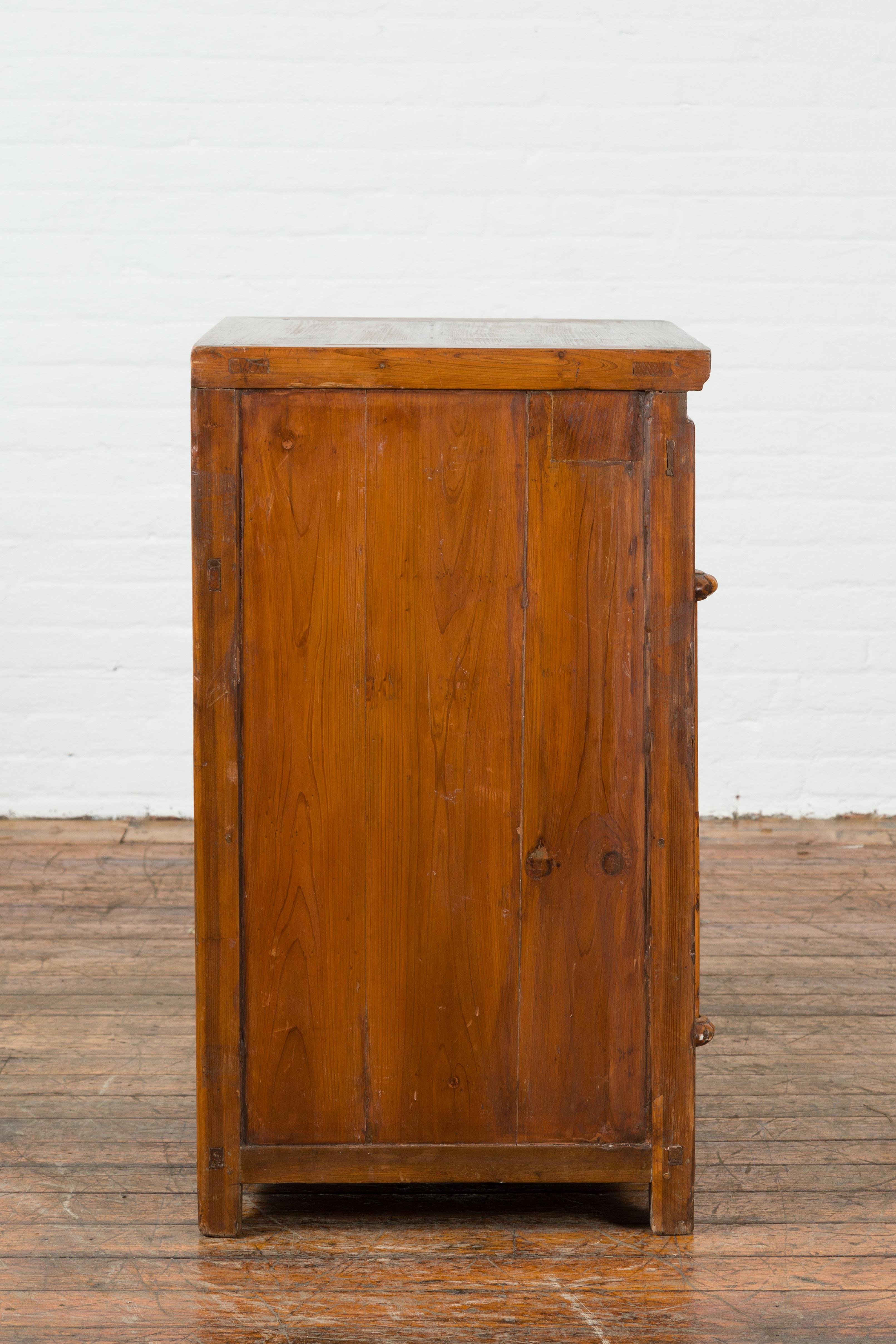 Vintage Brown Elmwood Chinese Side Cabinet with Two Drawers over Double Doors For Sale 4