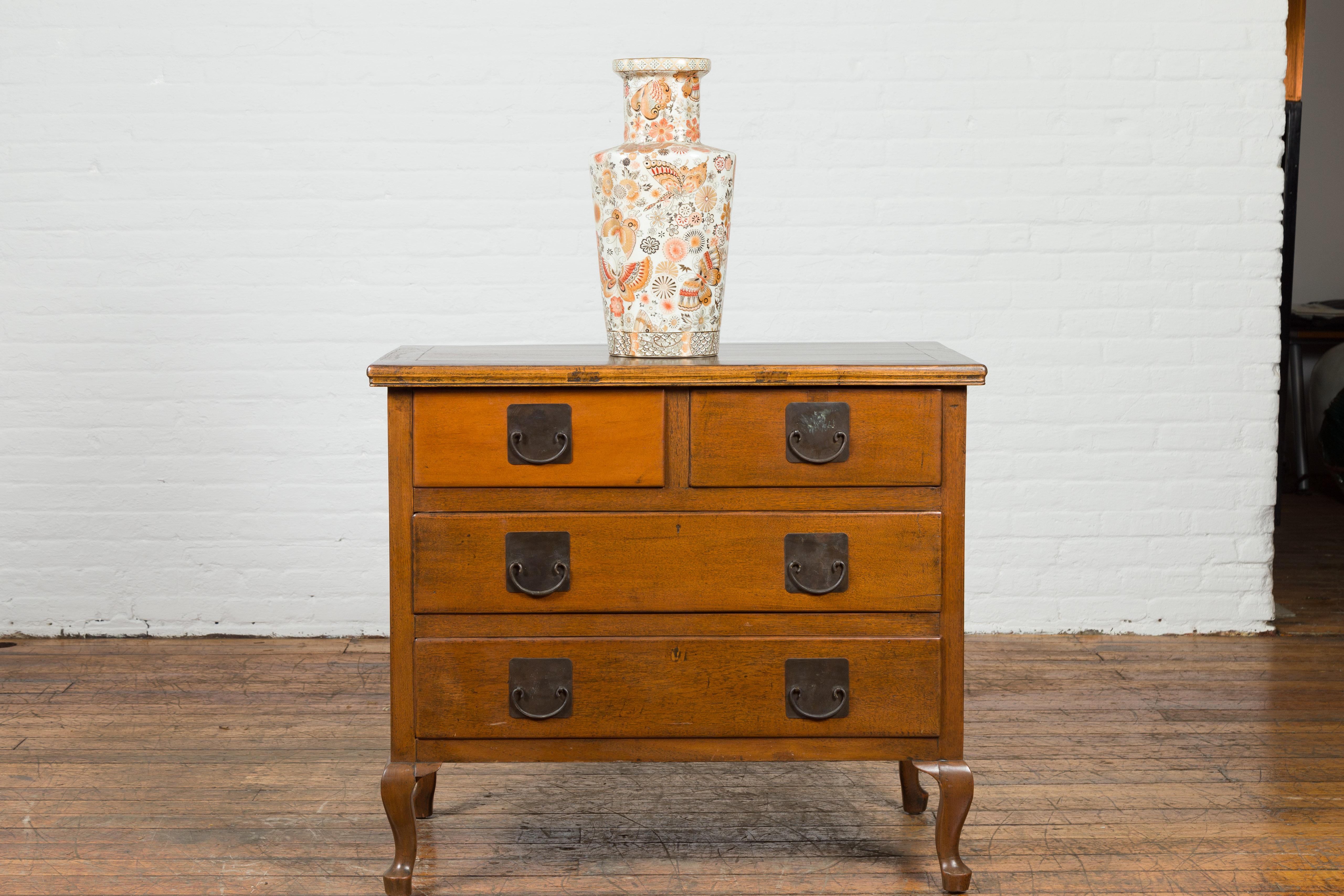 20th Century Chinese Vintage Four-Drawer Chest with Caramel Patina and Iron Hardware For Sale