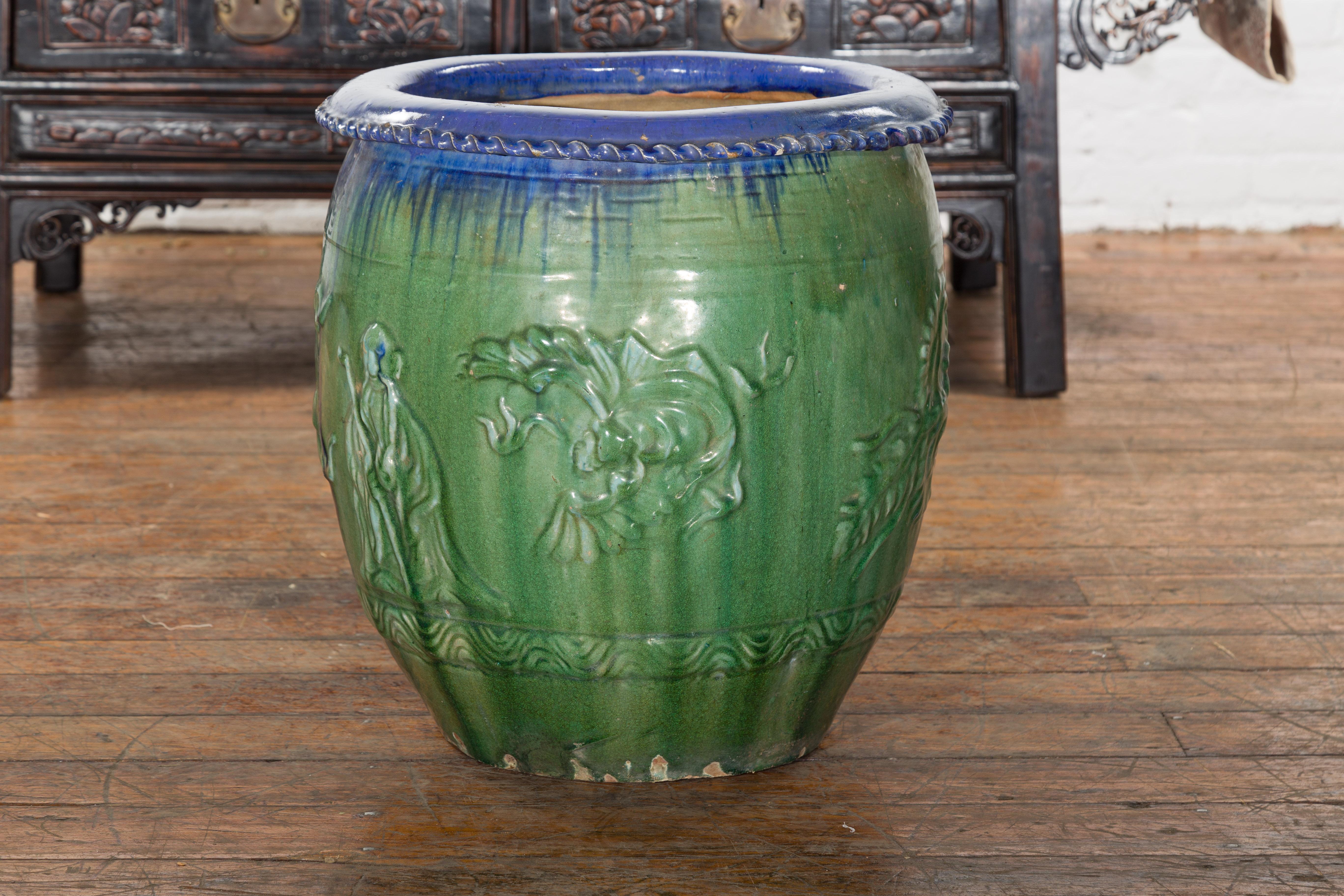 Chinese Vintage Green and Blue Glazed Garden Planter with Raised Animal Décor 3
