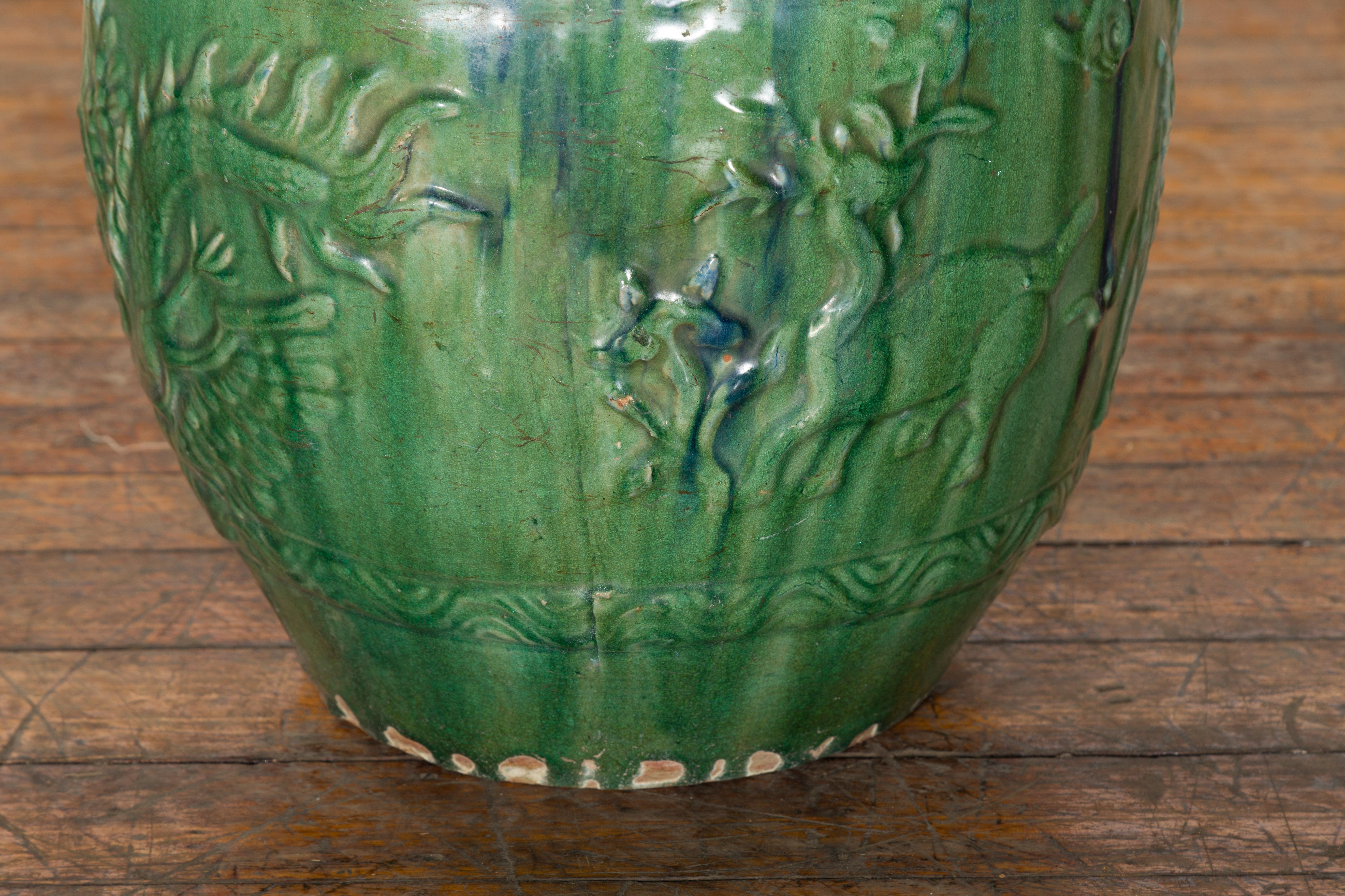20th Century Chinese Vintage Green and Blue Glazed Garden Planter with Raised Animal Décor