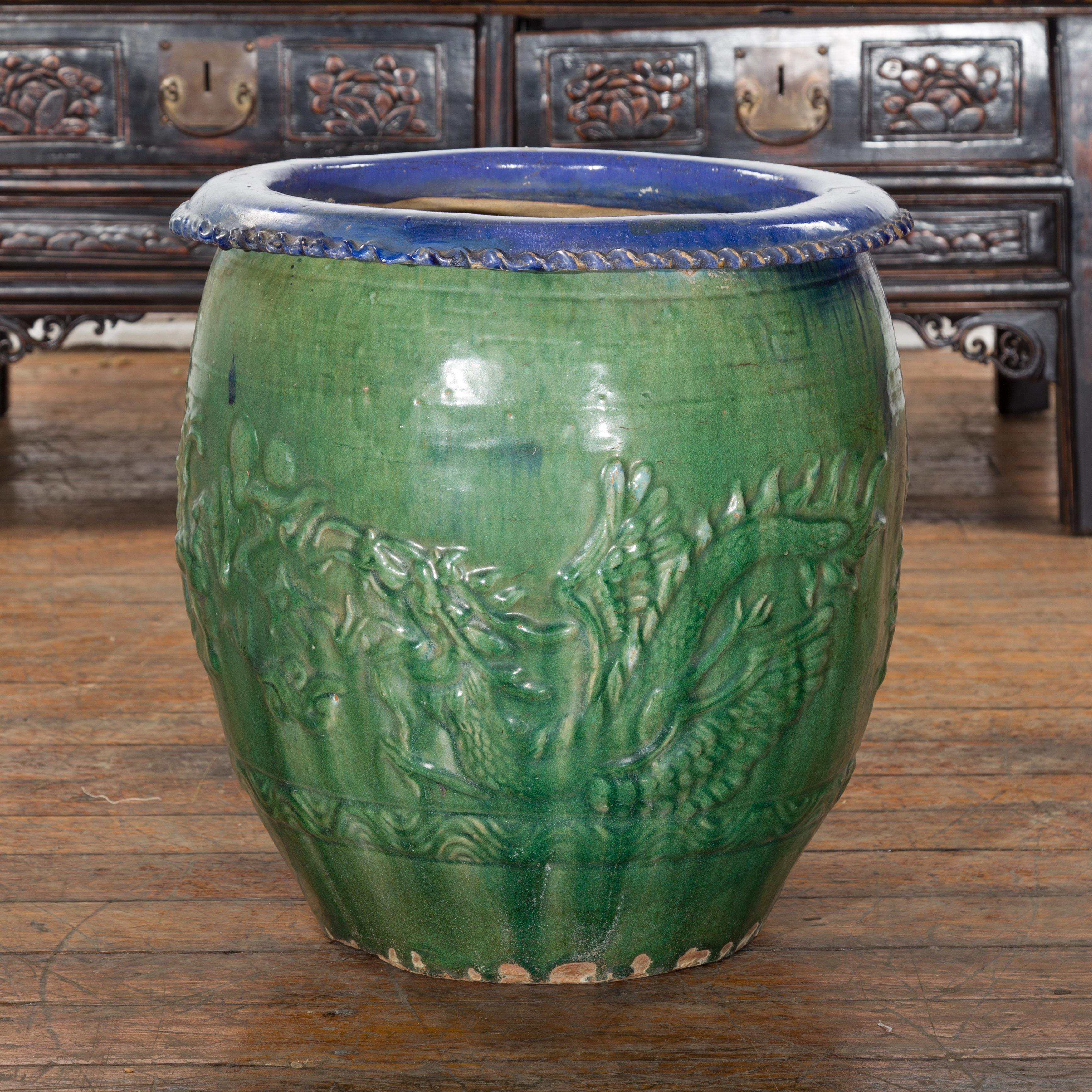 Chinese Vintage Green and Blue Glazed Garden Planter with Raised Animal Décor 2