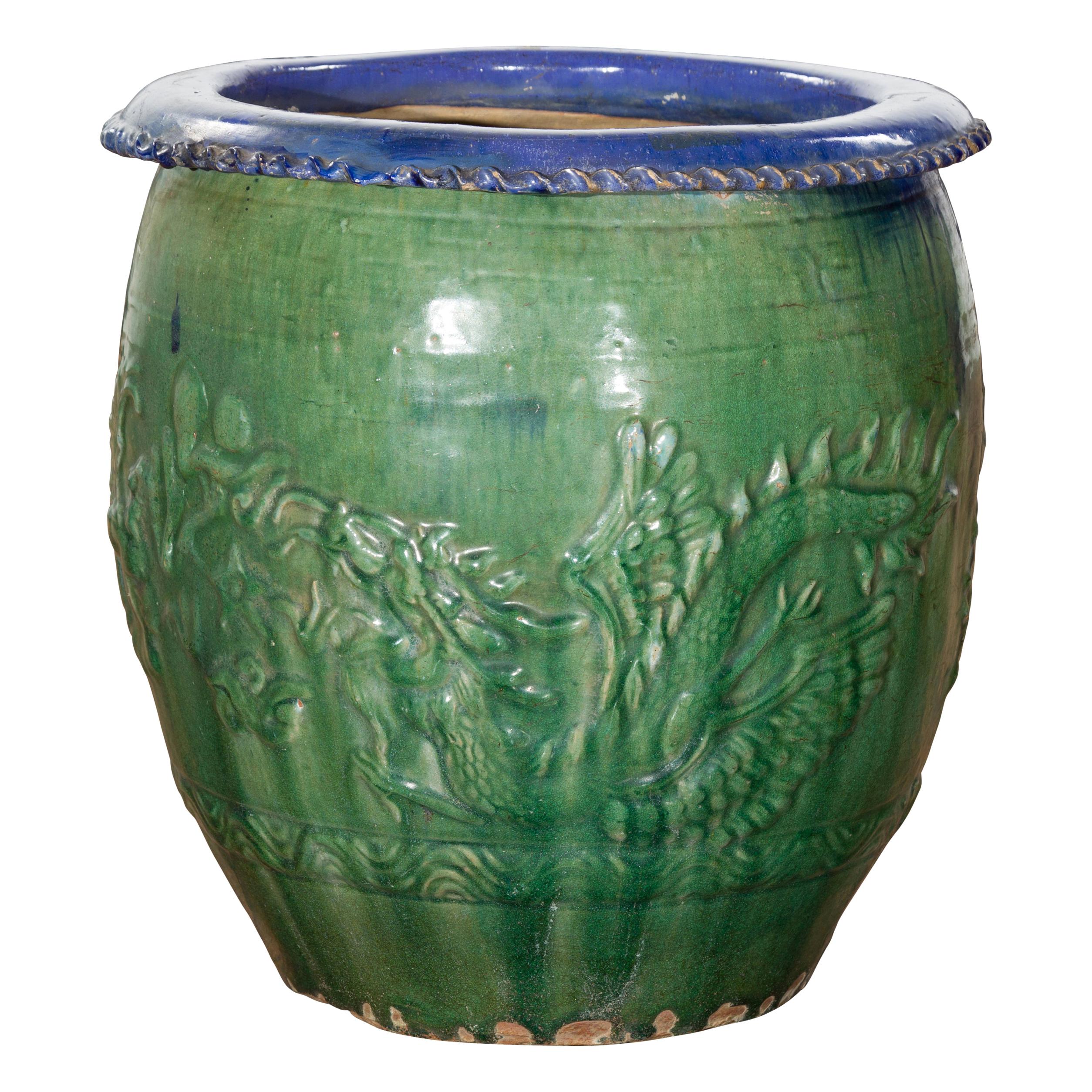 Chinese Vintage Green and Blue Glazed Garden Planter with Raised Animal Décor