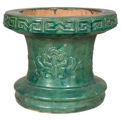 Chinese Vintage Green Glazed Ceramic Planter or Garden Seat Base with Foliage