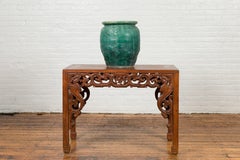 Green Glazed Ceramic Planter Vase with Raised Floral and Bird Motifs