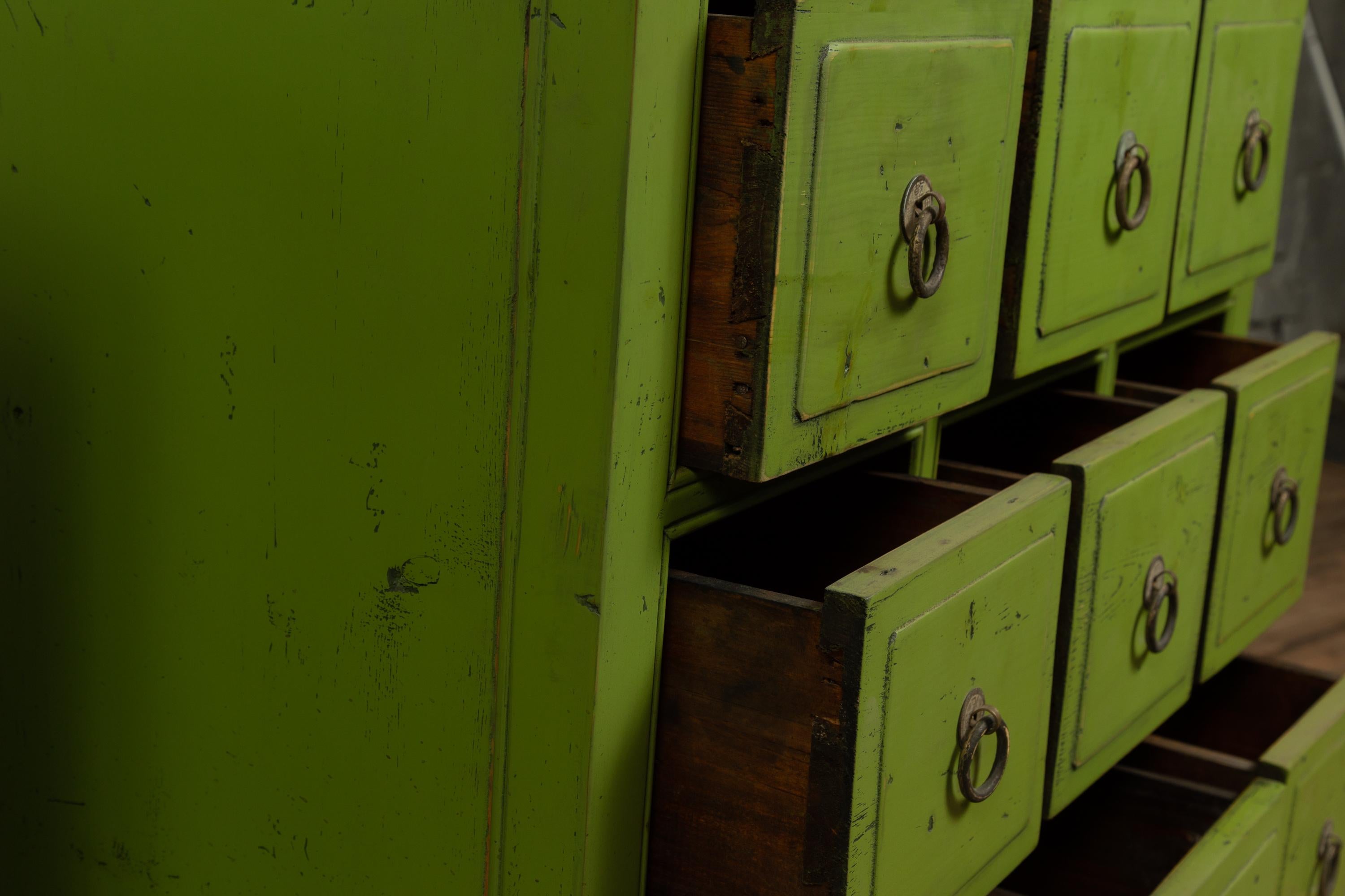 Chinese Vintage Green Painted Nine-Drawer Apothecary Bedside Chest 1