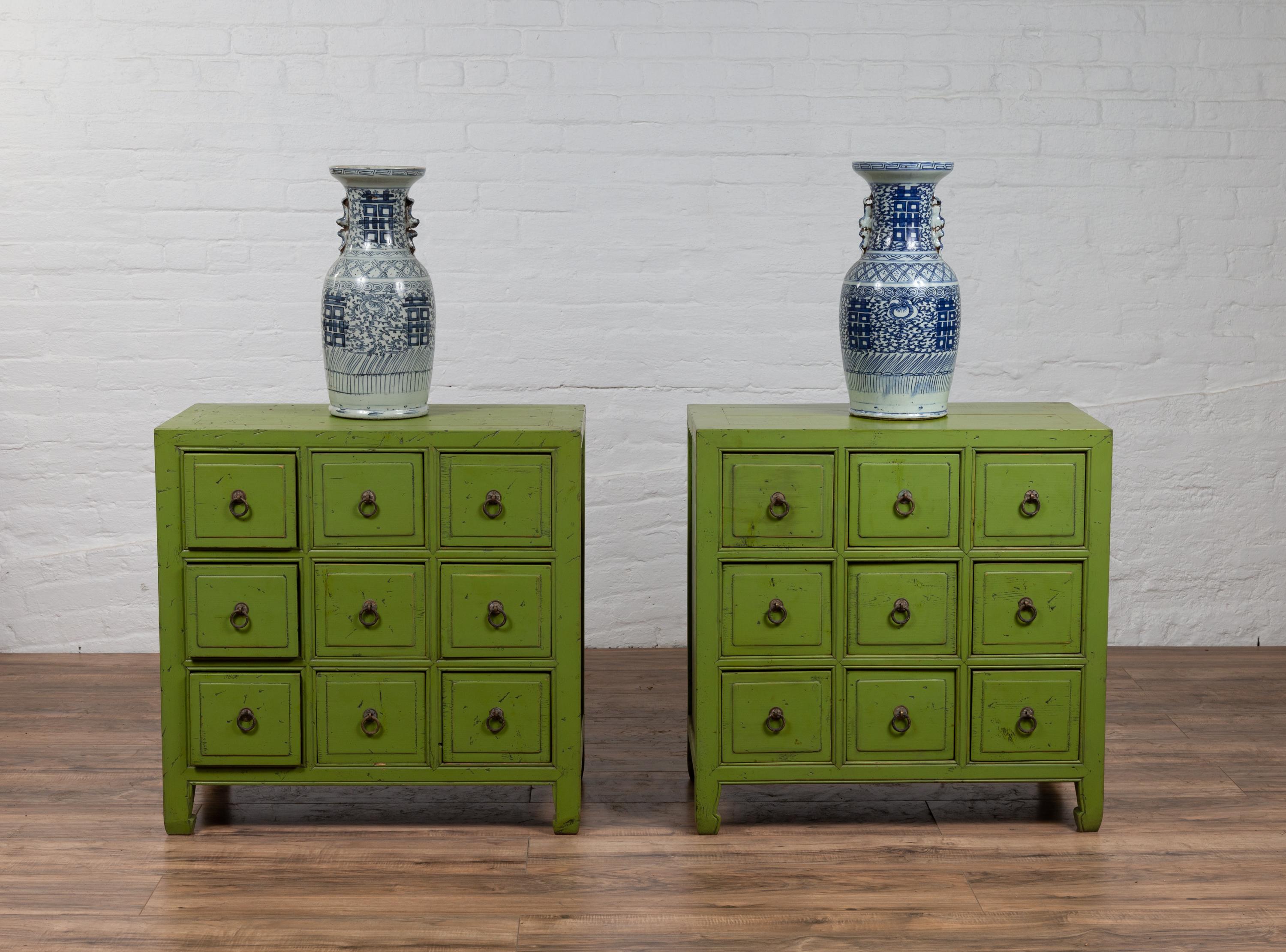 Chinese Vintage Green Painted Nine-Drawer Apothecary Bedside Chest 7