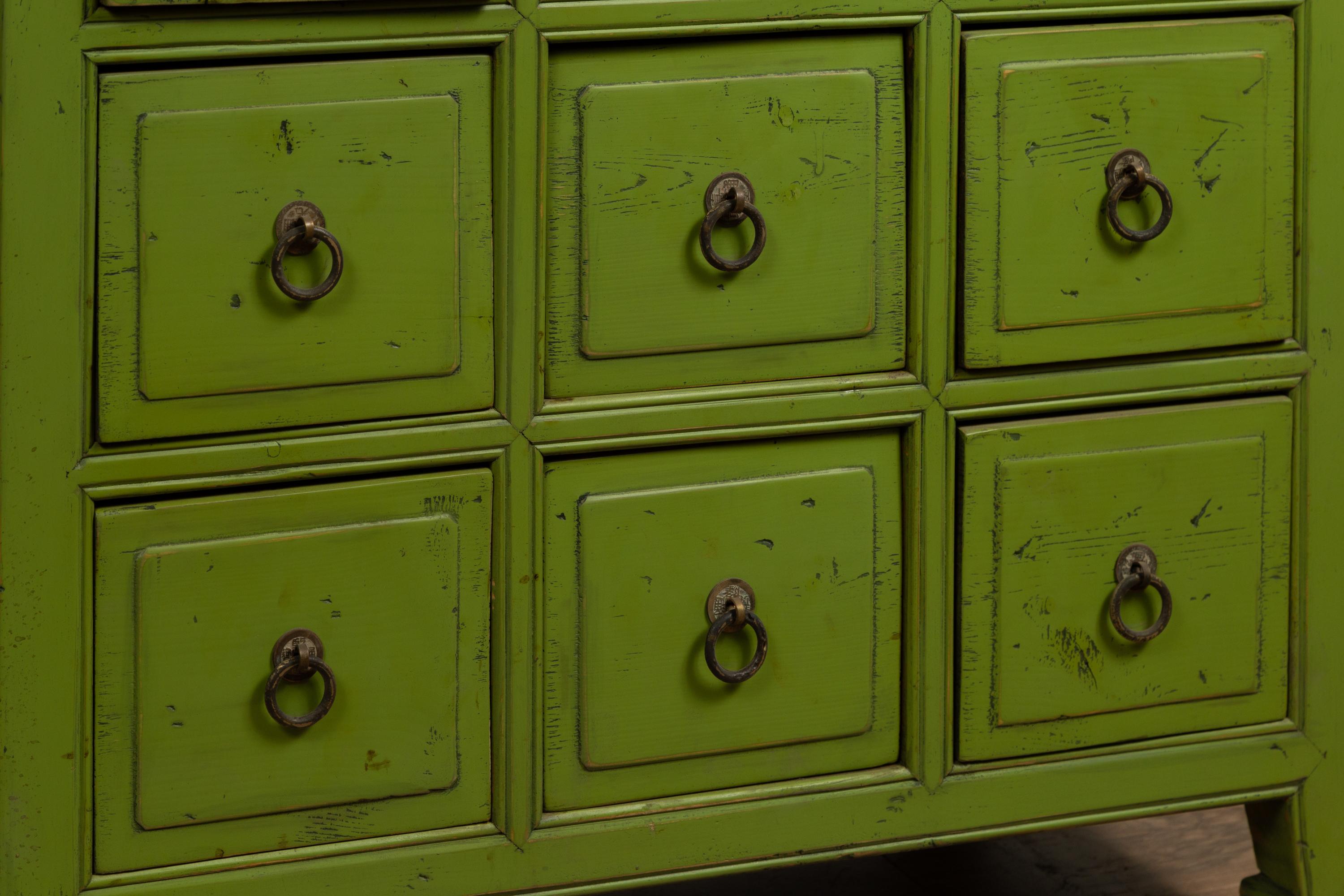 Mid-Century Modern Chinese Vintage Green Painted Nine-Drawer Apothecary Bedside Chest