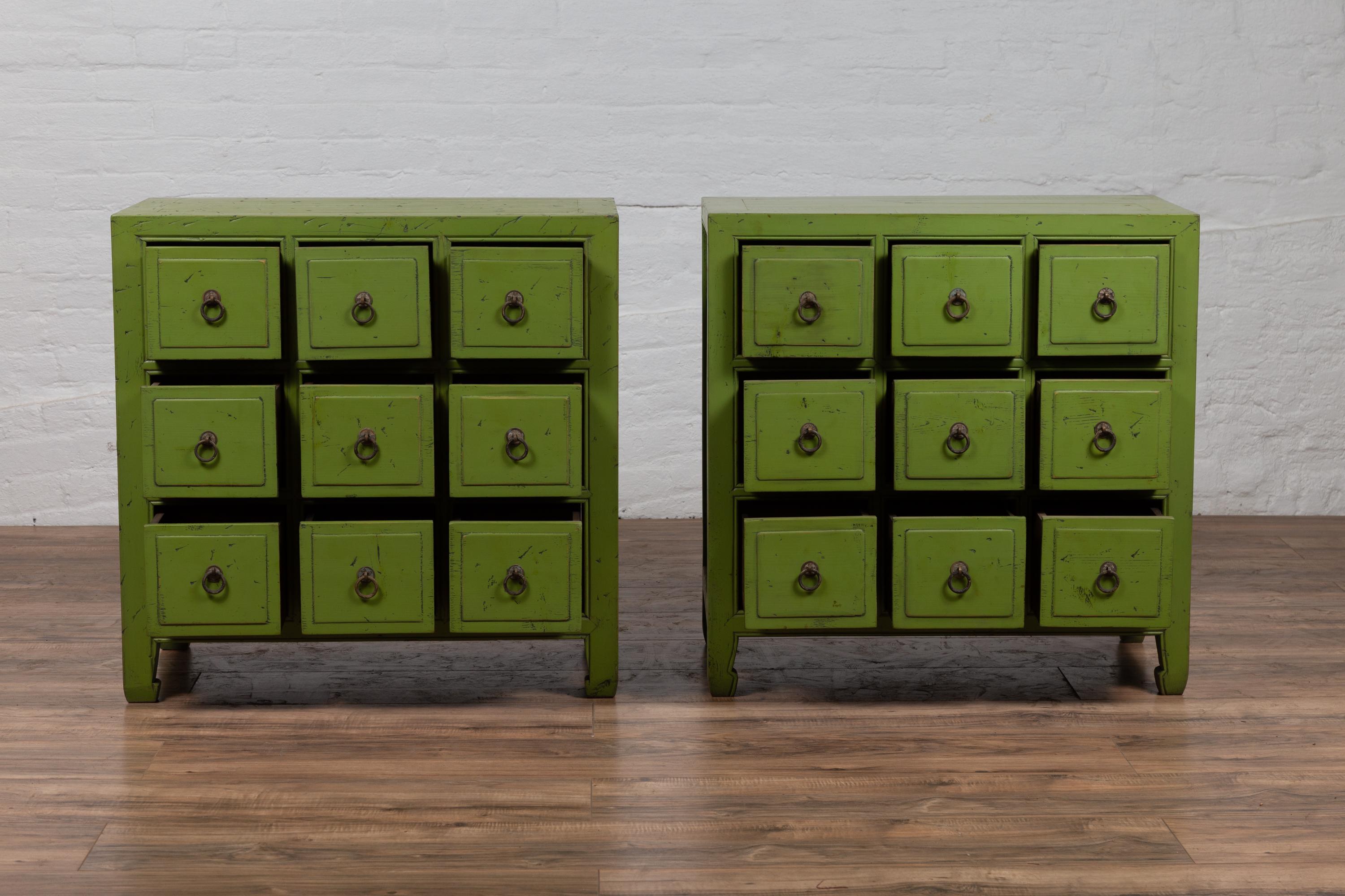 Wood Chinese Vintage Green Painted Nine-Drawer Apothecary Bedside Chest