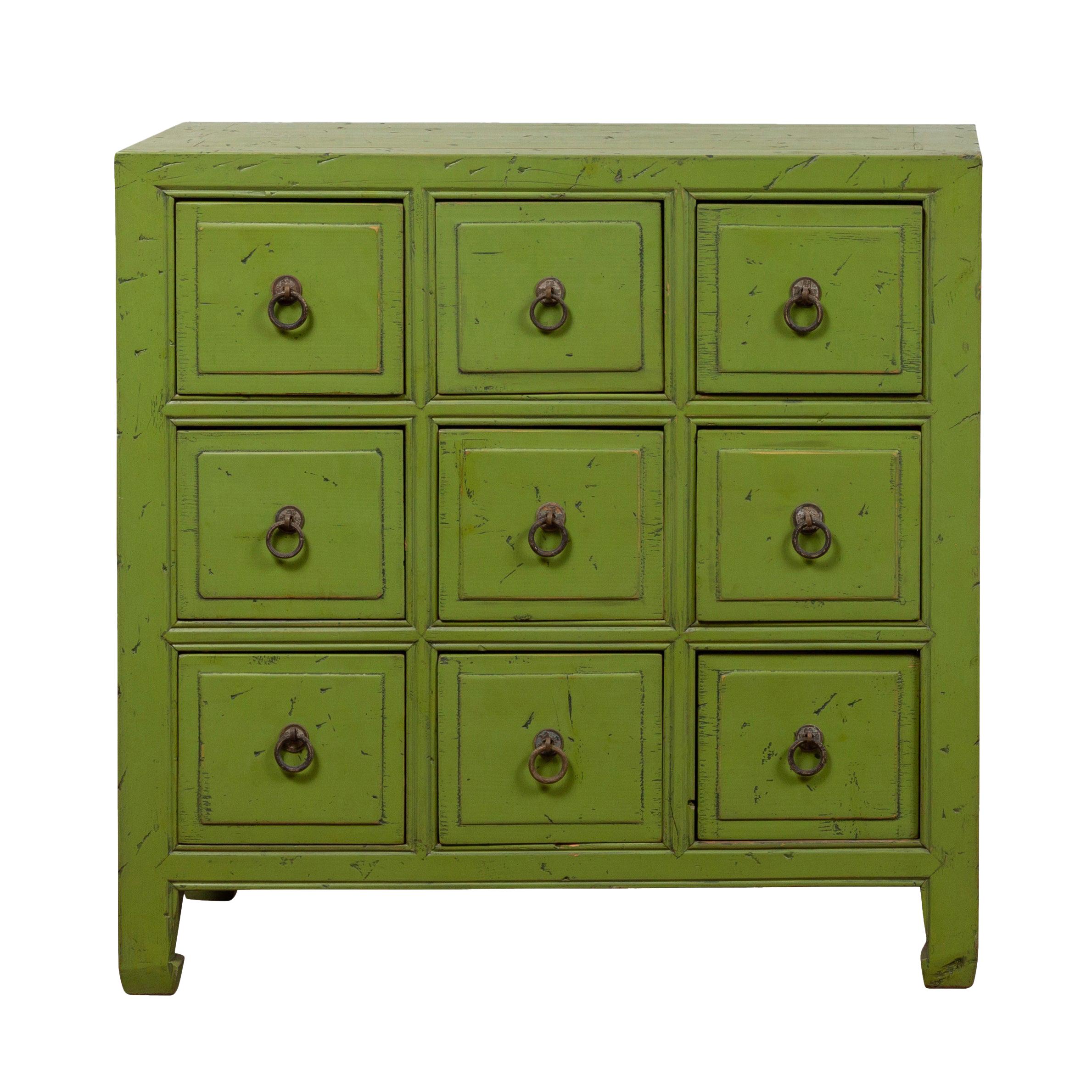 Chinese Vintage Green Painted Nine-Drawer Apothecary Bedside Chest