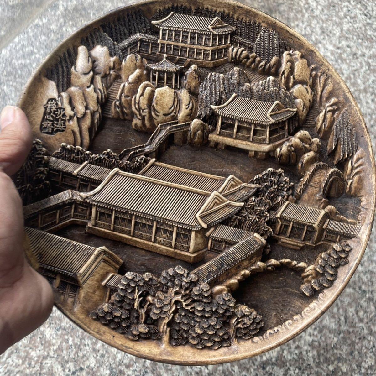 Chinese Vintage Engraving Stone Landscape Buildings Plate In Good Condition For Sale In 景德镇市, CN