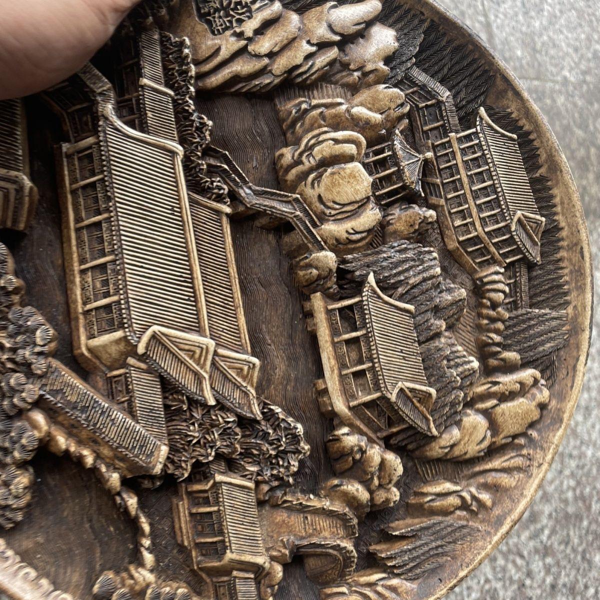 Chinese Vintage Hand geschnitzt Stein Landschaft Gebäude Platte (19. Jahrhundert) im Angebot