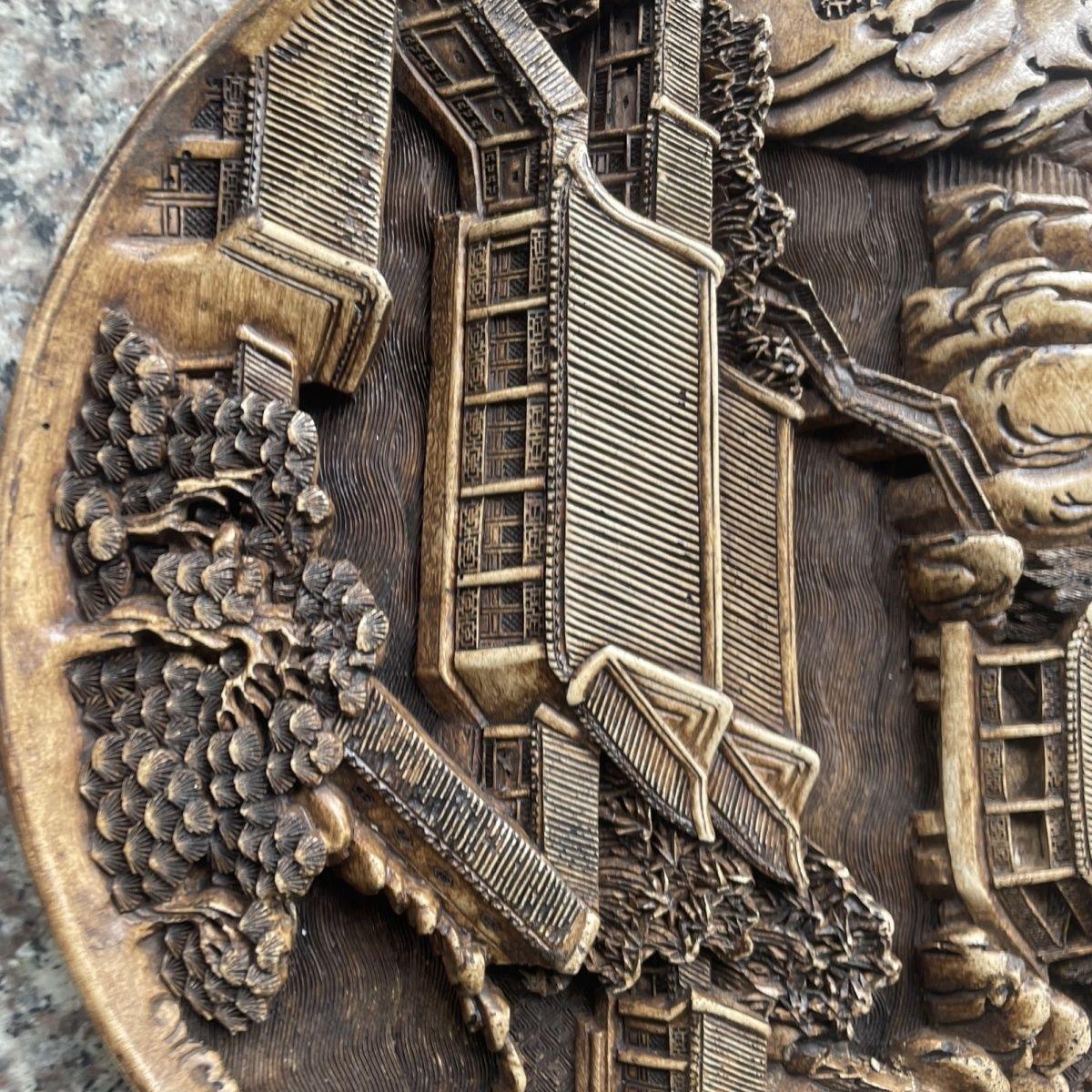 Chino Vintage Piedra Grabado Paisaje Edificios Placa en venta 1