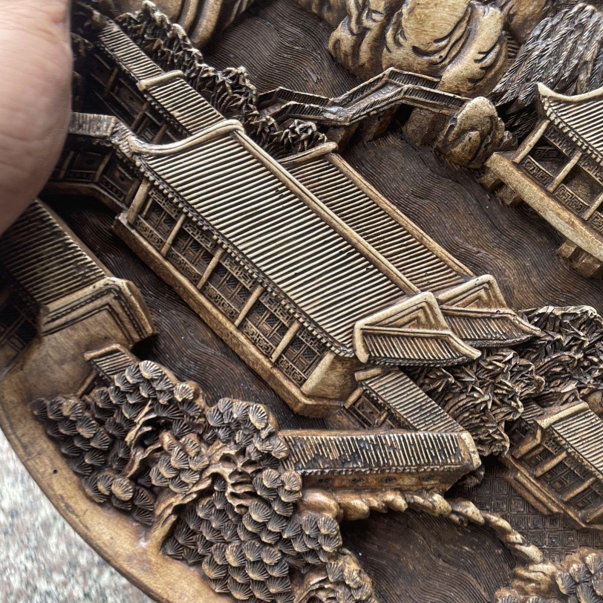Chinese Vintage Engraving Stone Landscape Buildings Plate For Sale 2