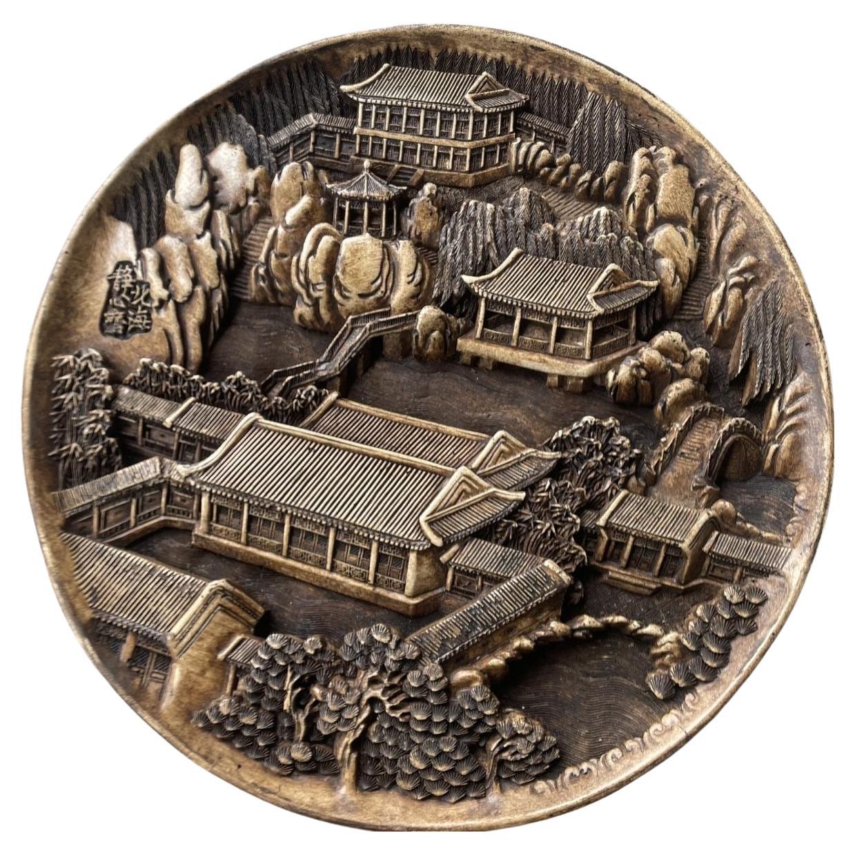 Chinese Vintage Engraving Stone Landscape Buildings Plate For Sale