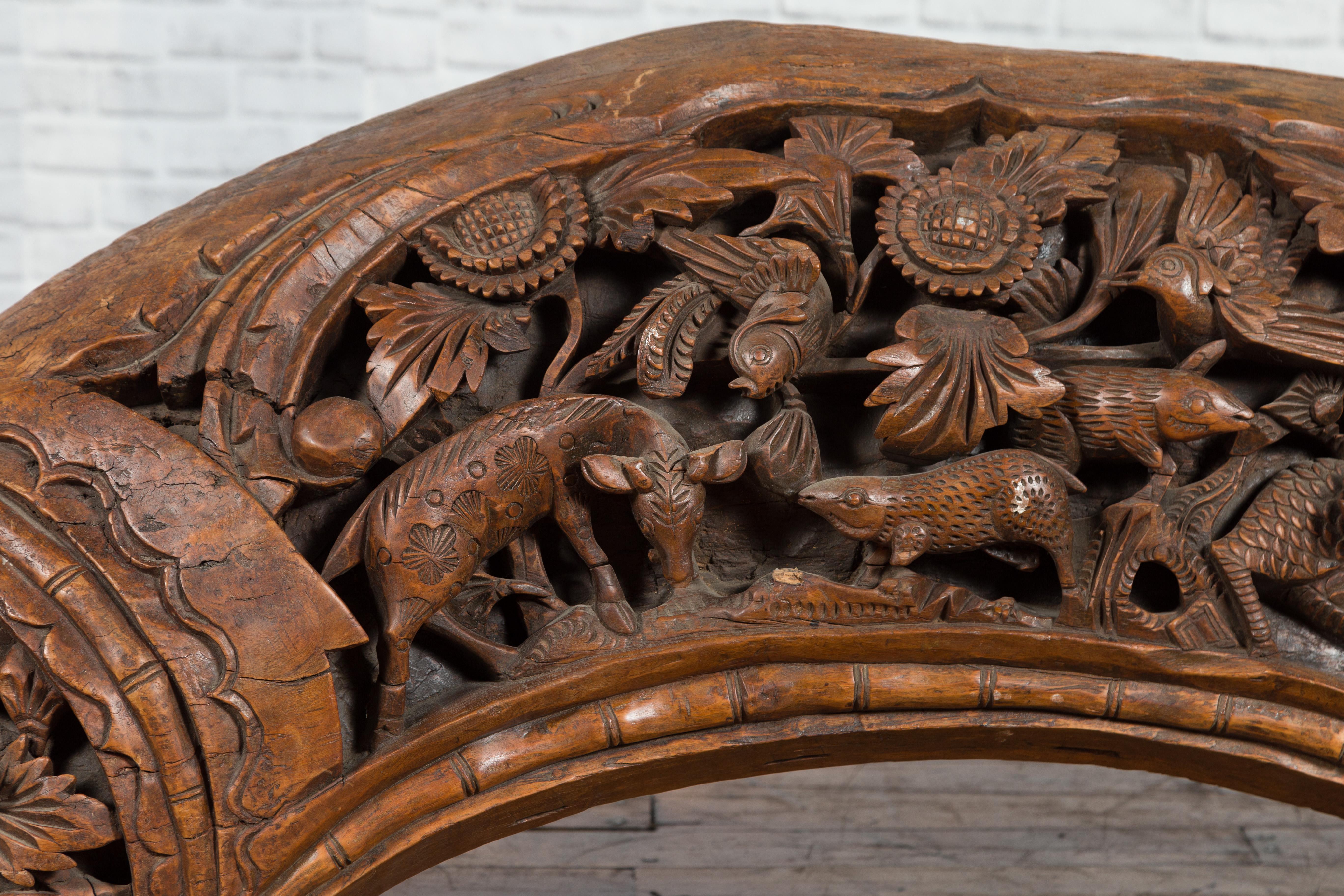 Hand-Carved Chinese Vintage Hand Carved Wooden Floral and Animal Arching Sculpture on Base For Sale