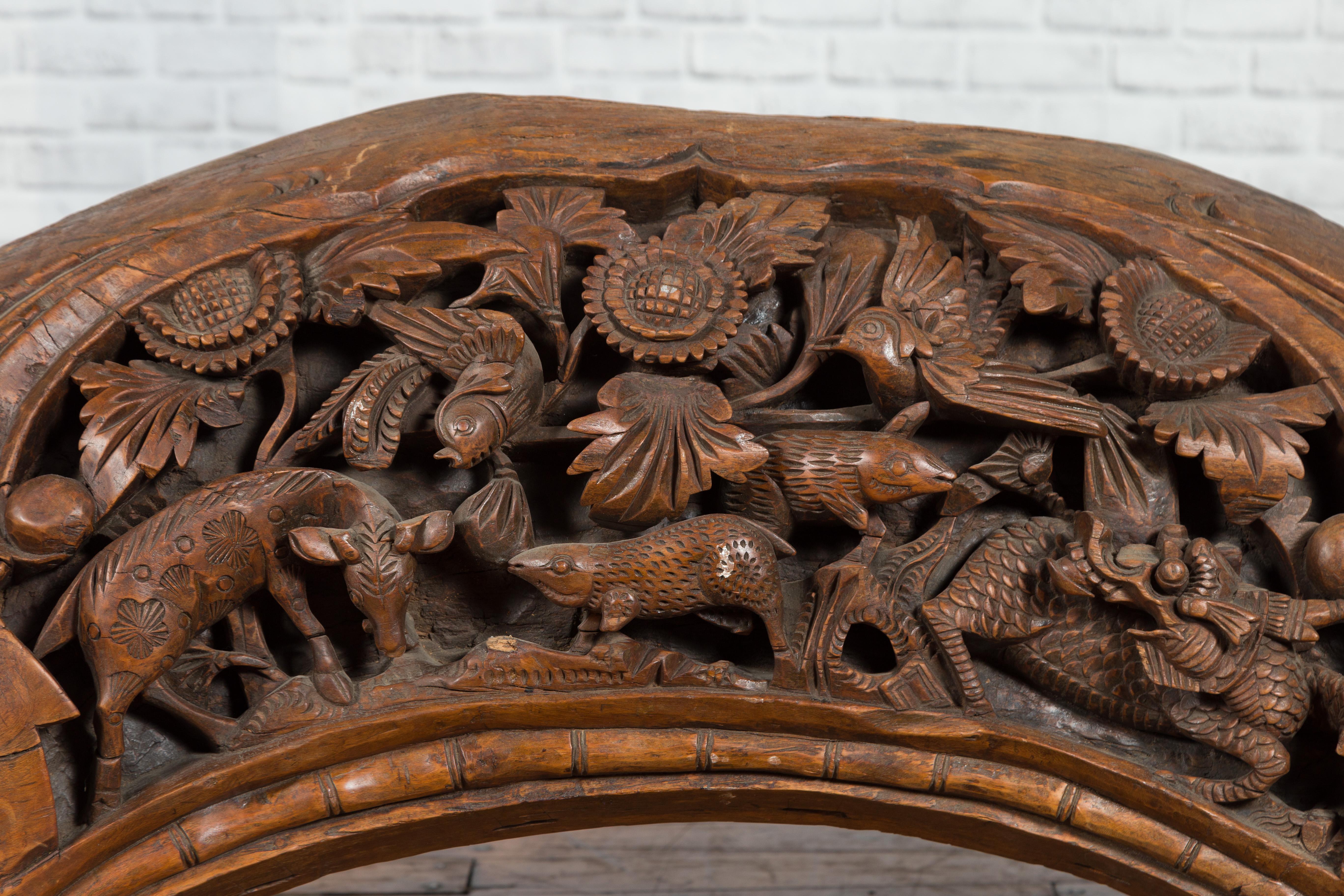 Chinese Vintage Hand Carved Wooden Floral and Animal Arching Sculpture on Base In Good Condition For Sale In Yonkers, NY
