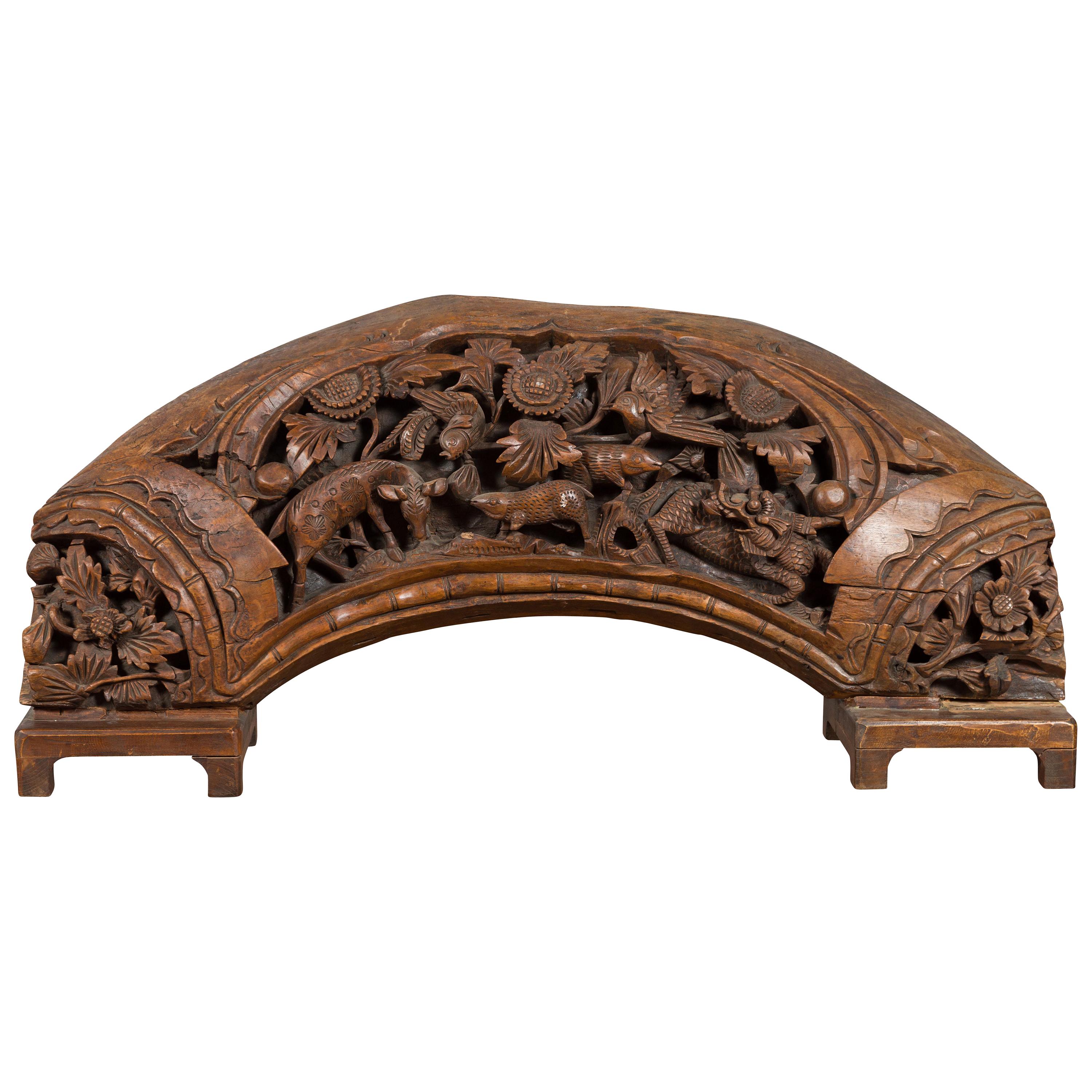 Chinese Vintage Hand Carved Wooden Floral and Animal Arching Sculpture on Base For Sale