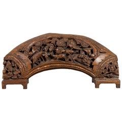 Chinese Vintage Hand Carved Wooden Floral and Animal Arching Sculpture on Base