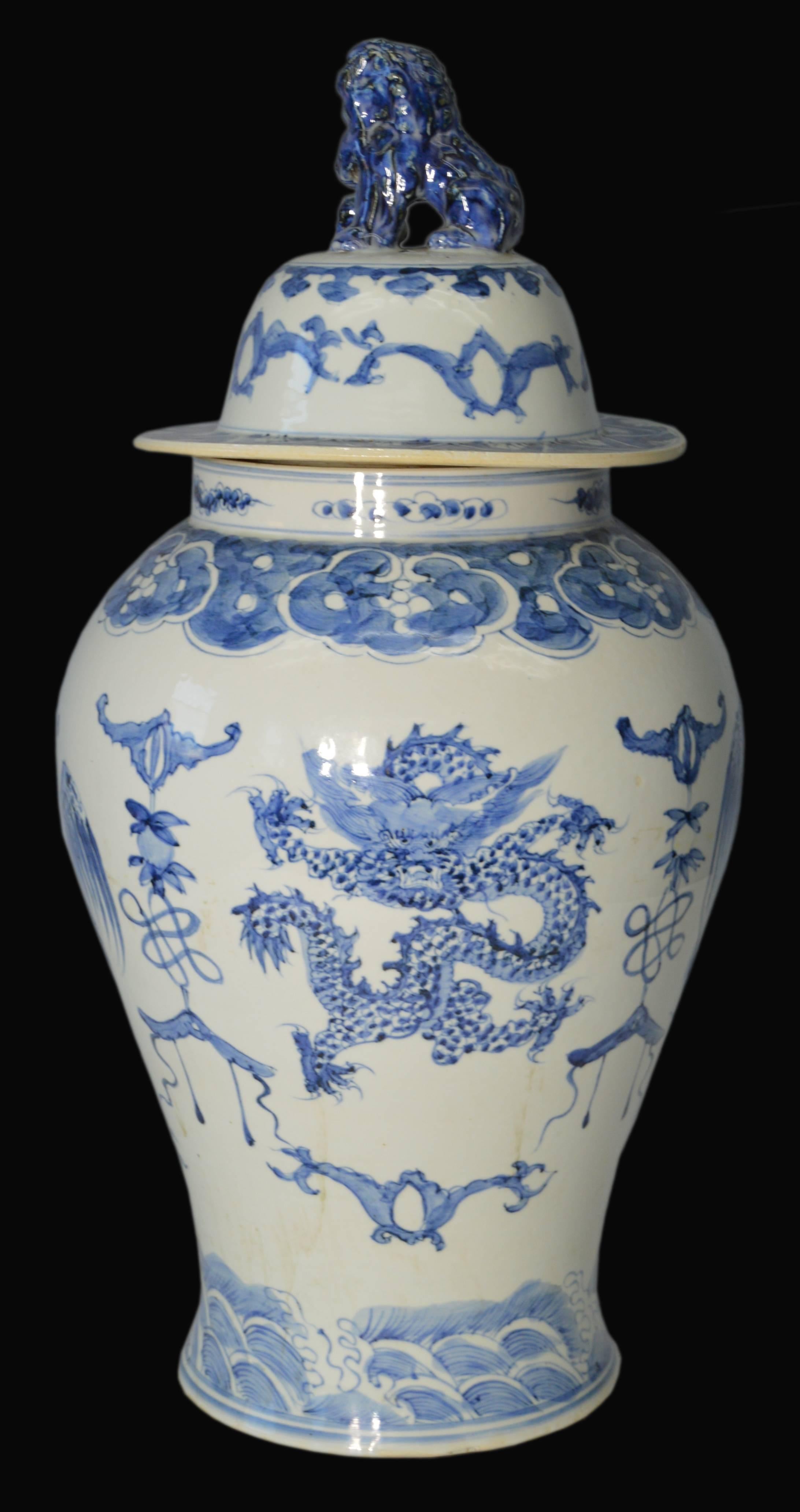 20th Century Chinese Vintage Hand-Painted Blue and White Porcelain Vase with Dragon