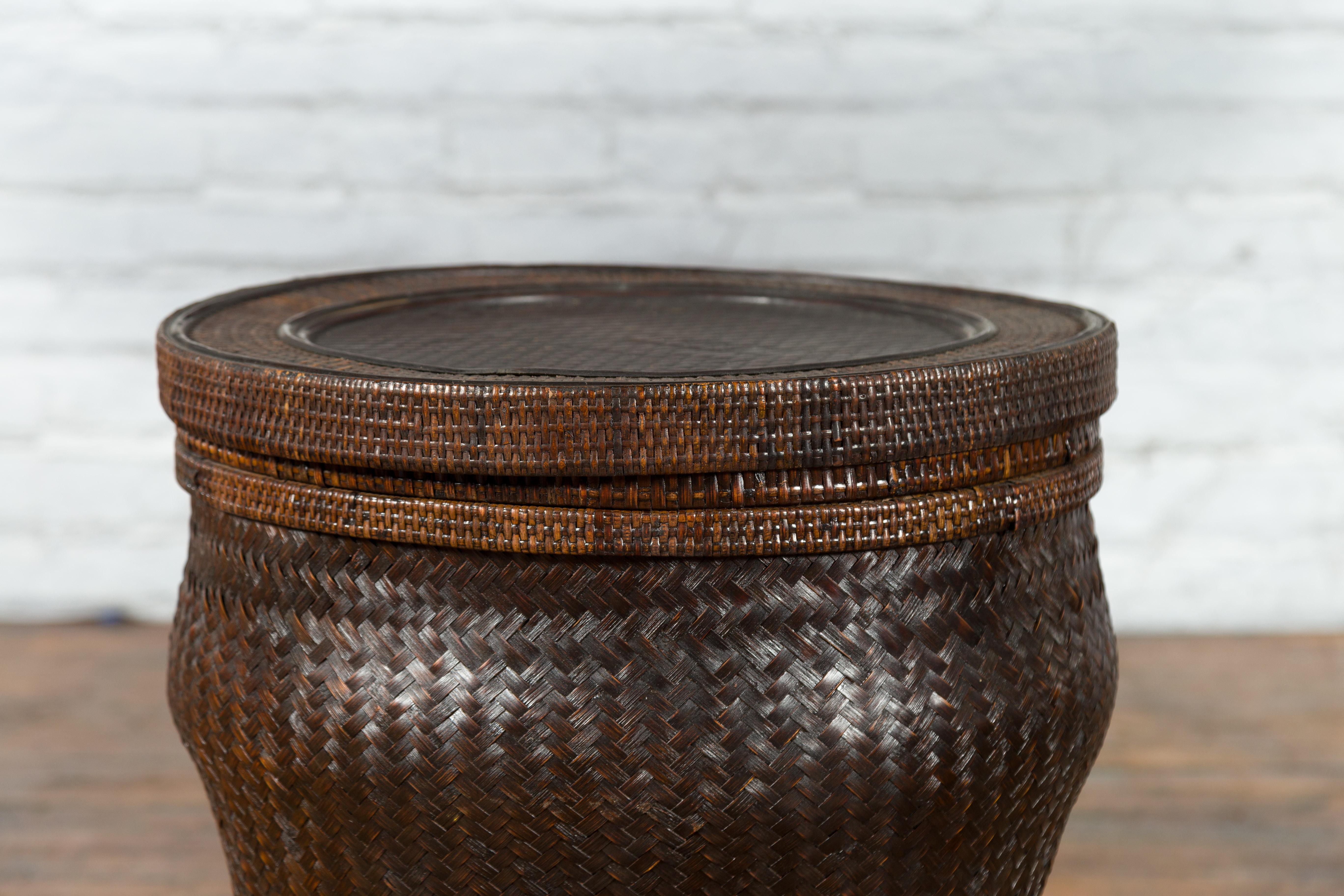 20th Century Chinese Vintage Hand-Woven Rattan and Bamboo Storage Basket with Dark Patina For Sale