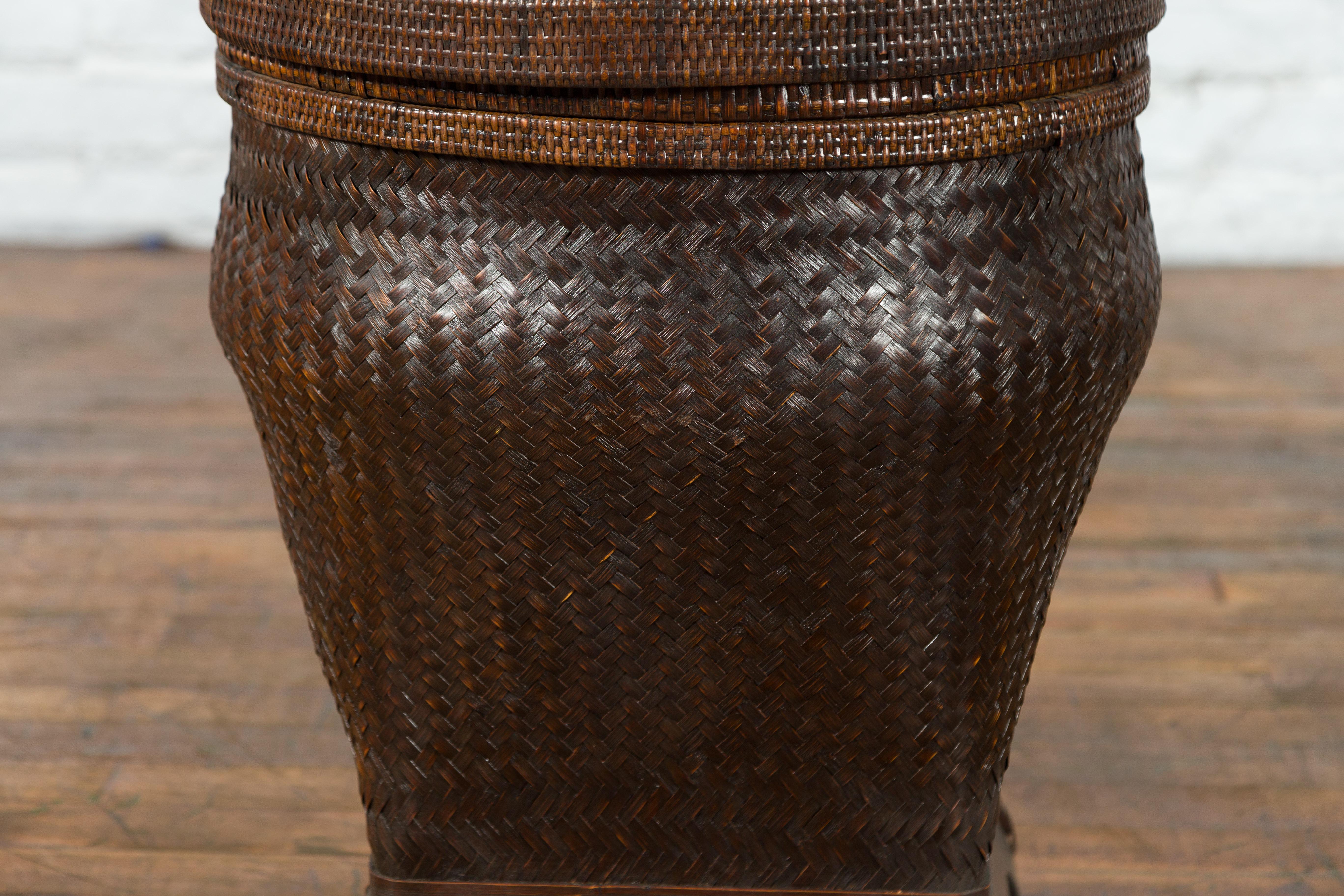 Wood Chinese Vintage Hand-Woven Rattan and Bamboo Storage Basket with Dark Patina For Sale