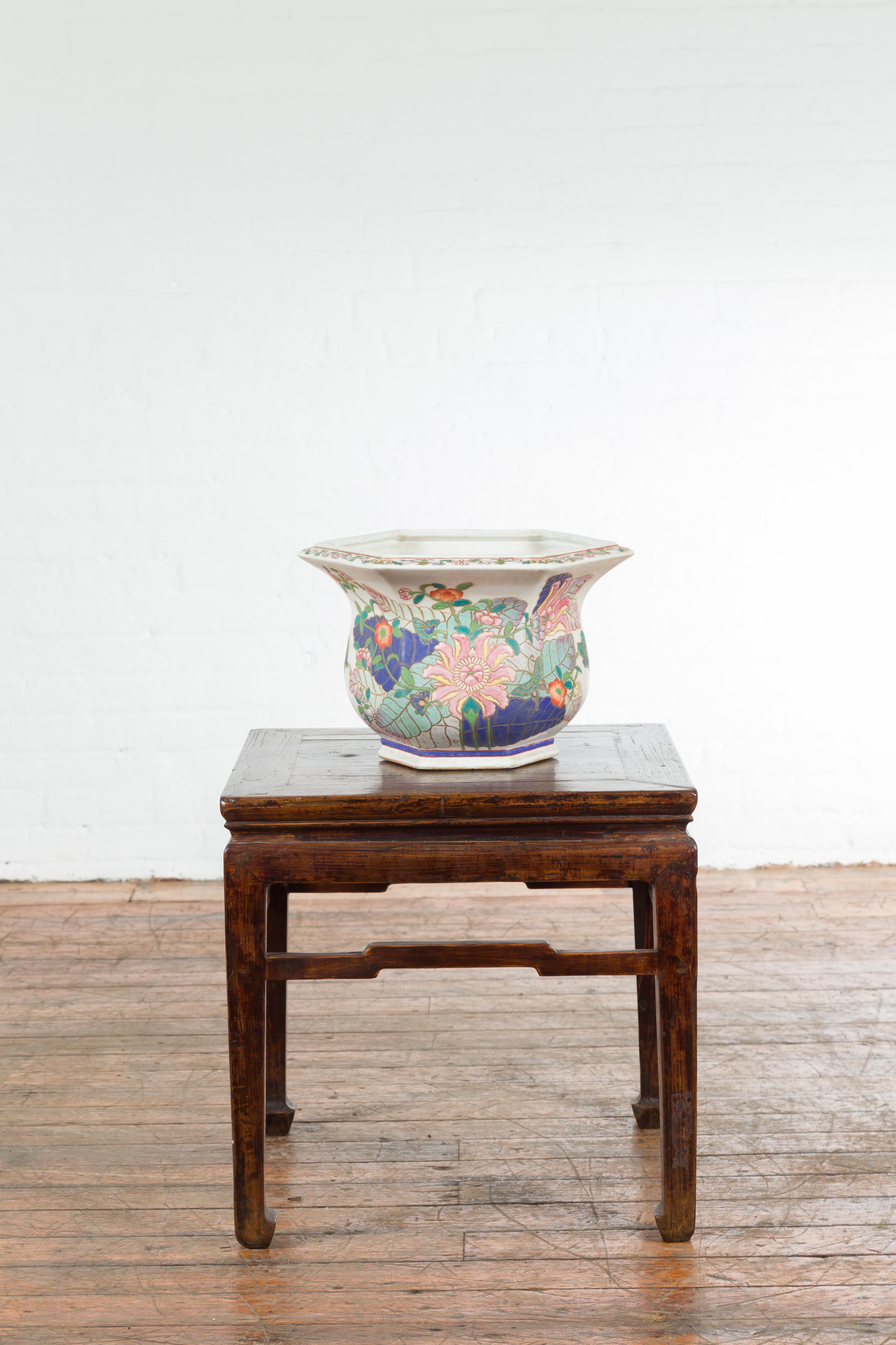 20th Century Chinese Vintage Hexagonal Planter with Pastel Foliage, Flowers and Butterflies For Sale