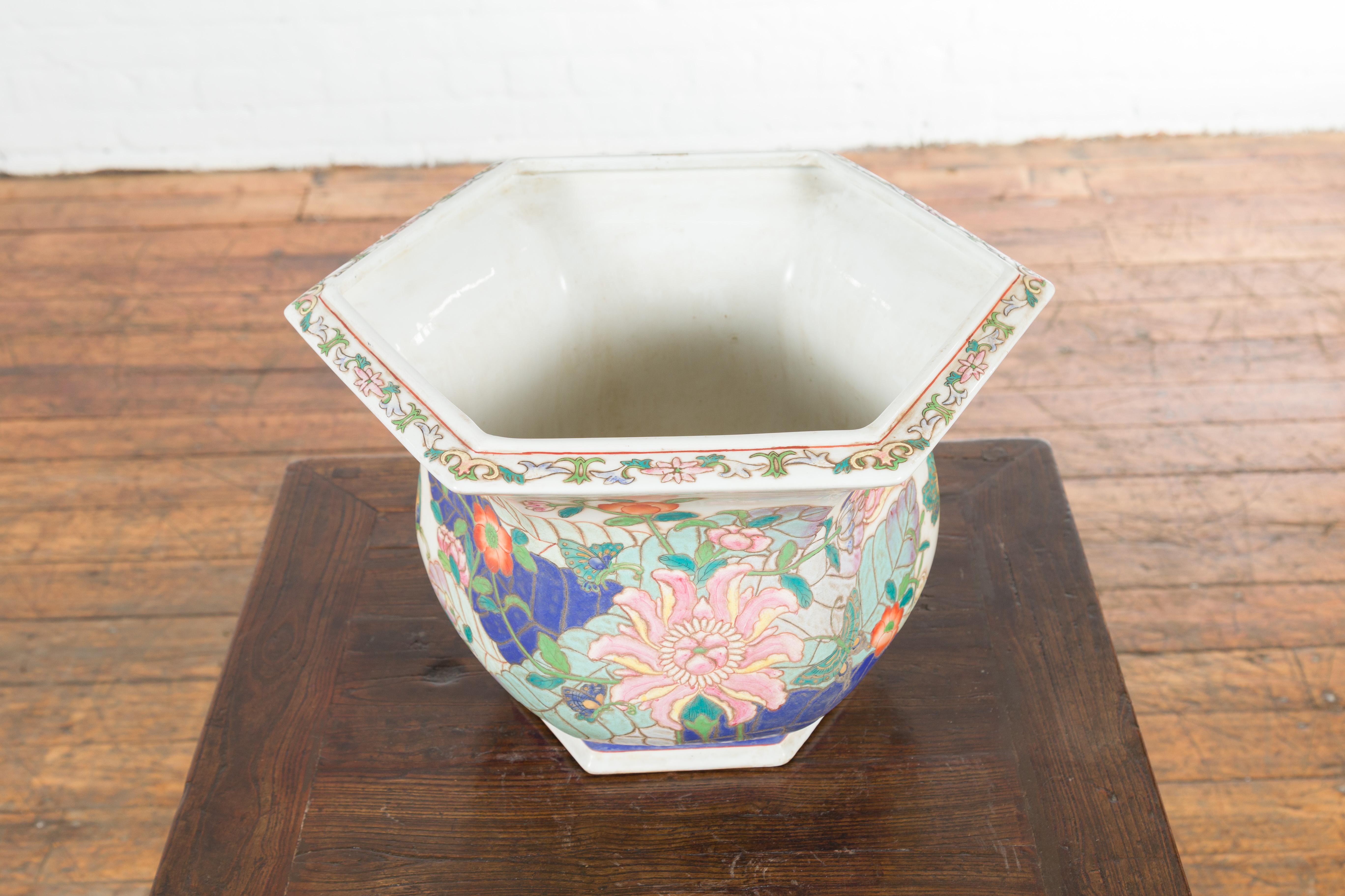 Ceramic Chinese Vintage Hexagonal Planter with Pastel Foliage, Flowers and Butterflies For Sale
