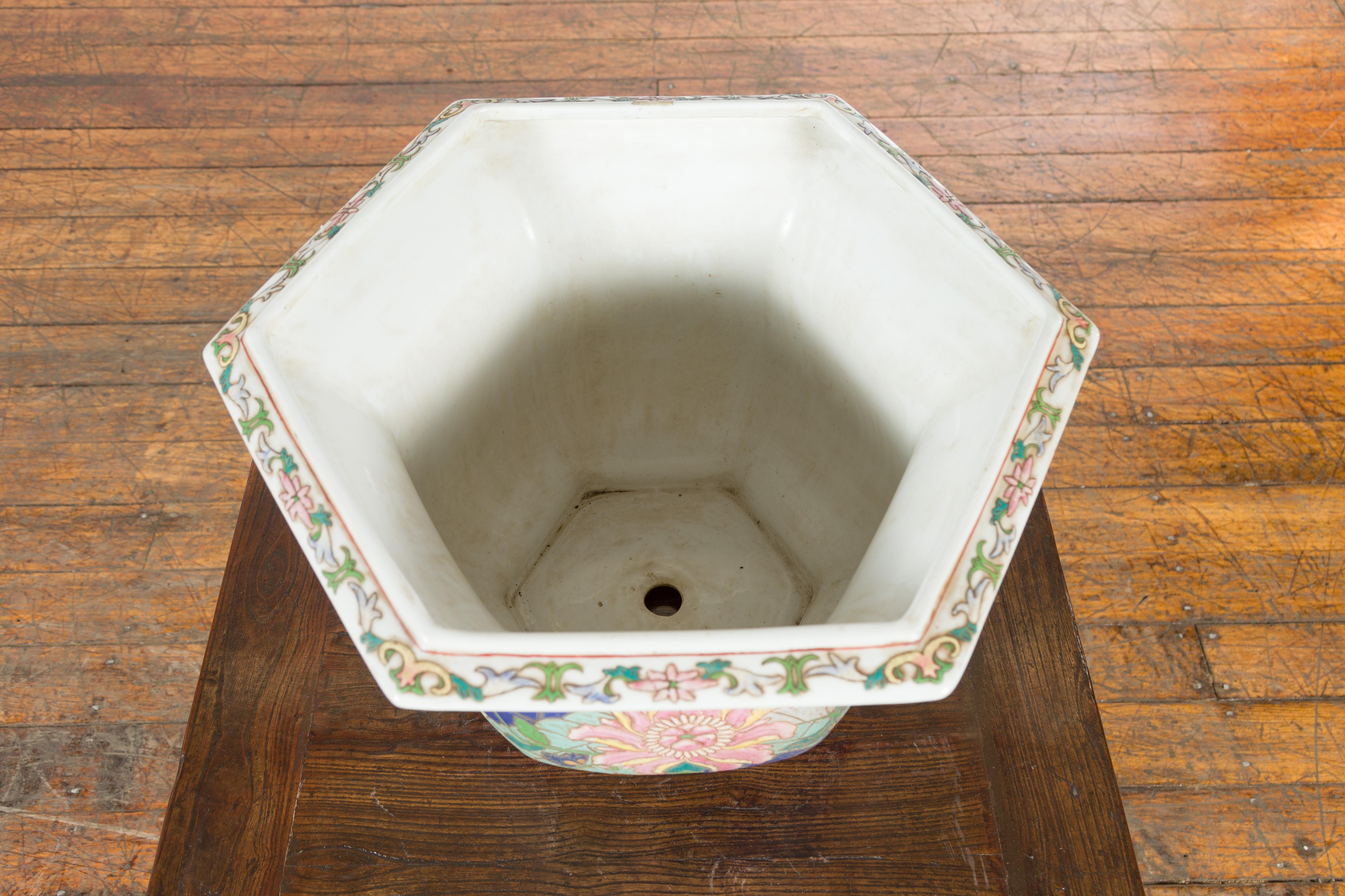 Chinese Vintage Hexagonal Planter with Pastel Foliage, Flowers and Butterflies For Sale 4