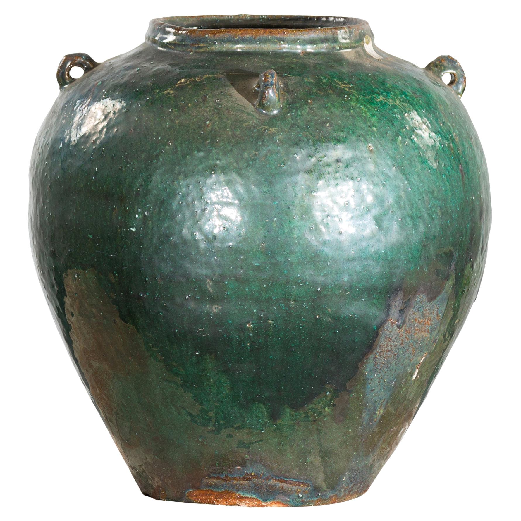 Chinese Vintage Hunan Style Green Glazed Water Jar with Petite Loop Handles