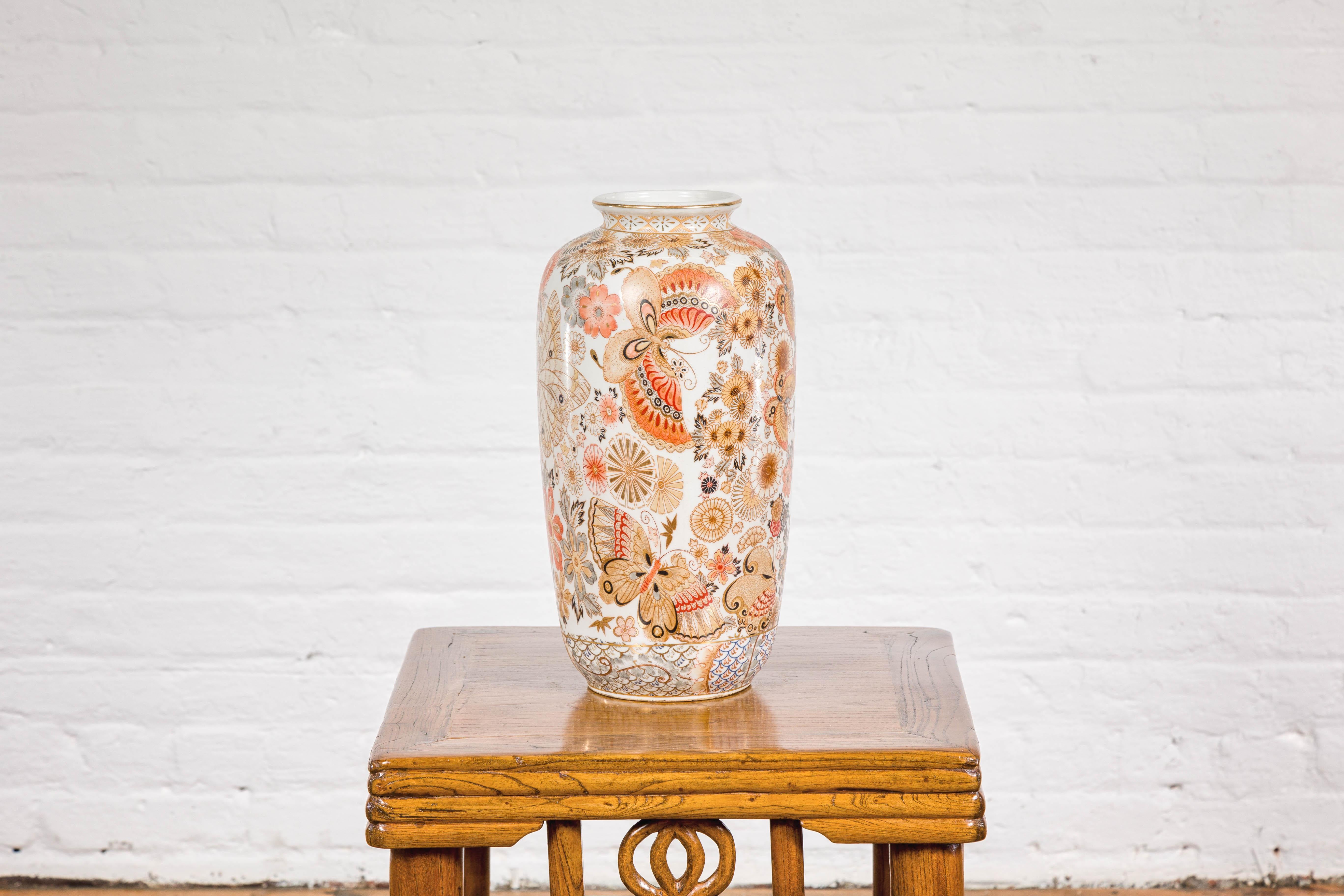 20th Century Chinese Vintage Japanese Kutani Style Vase with Flowers and Butterflies For Sale