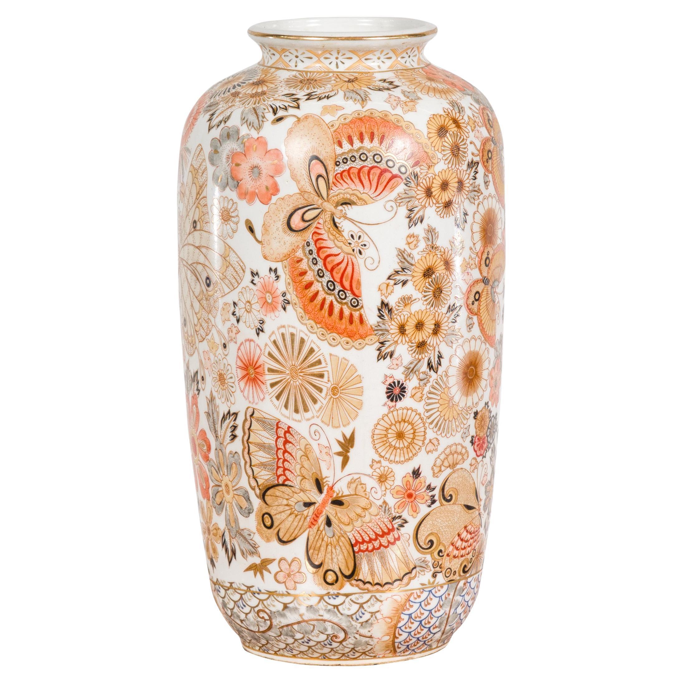 Chinese Vintage Japanese Kutani Style Vase with Flowers and Butterflies For Sale
