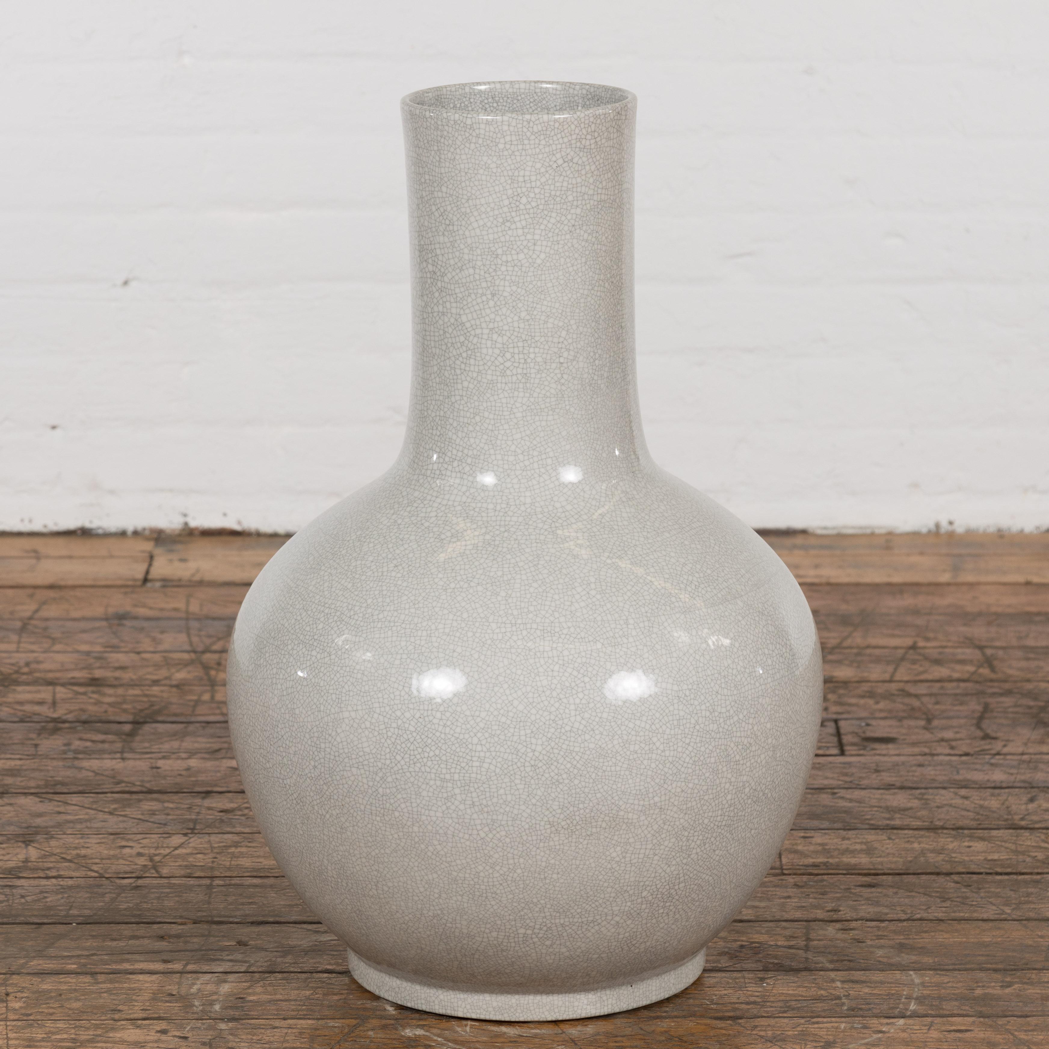 Chinese Vintage Kendi Shape Vase with Crackle Grey and White Finish For Sale 5
