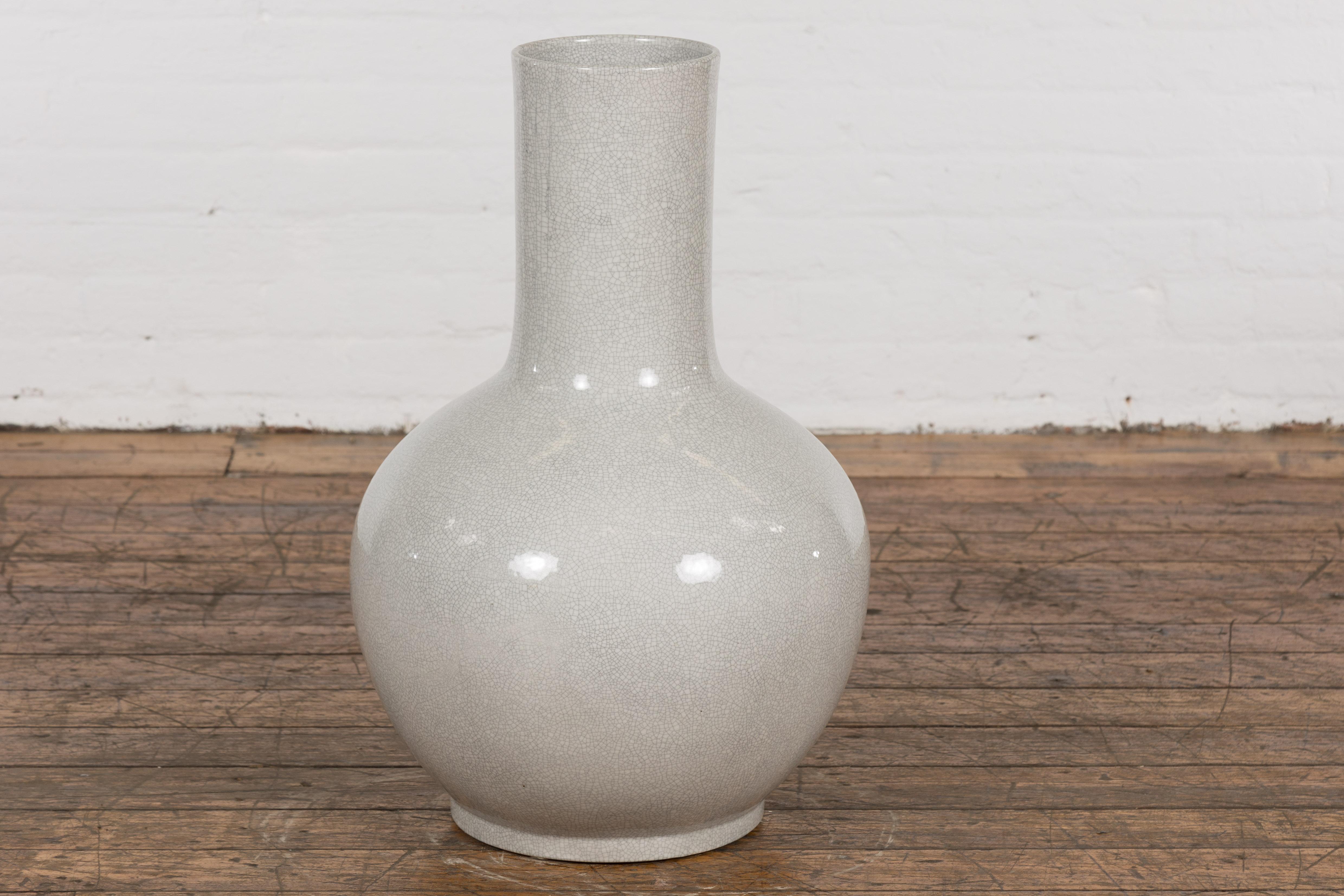 Chinese Vintage Kendi Shape Vase with Crackle Grey and White Finish For Sale 6