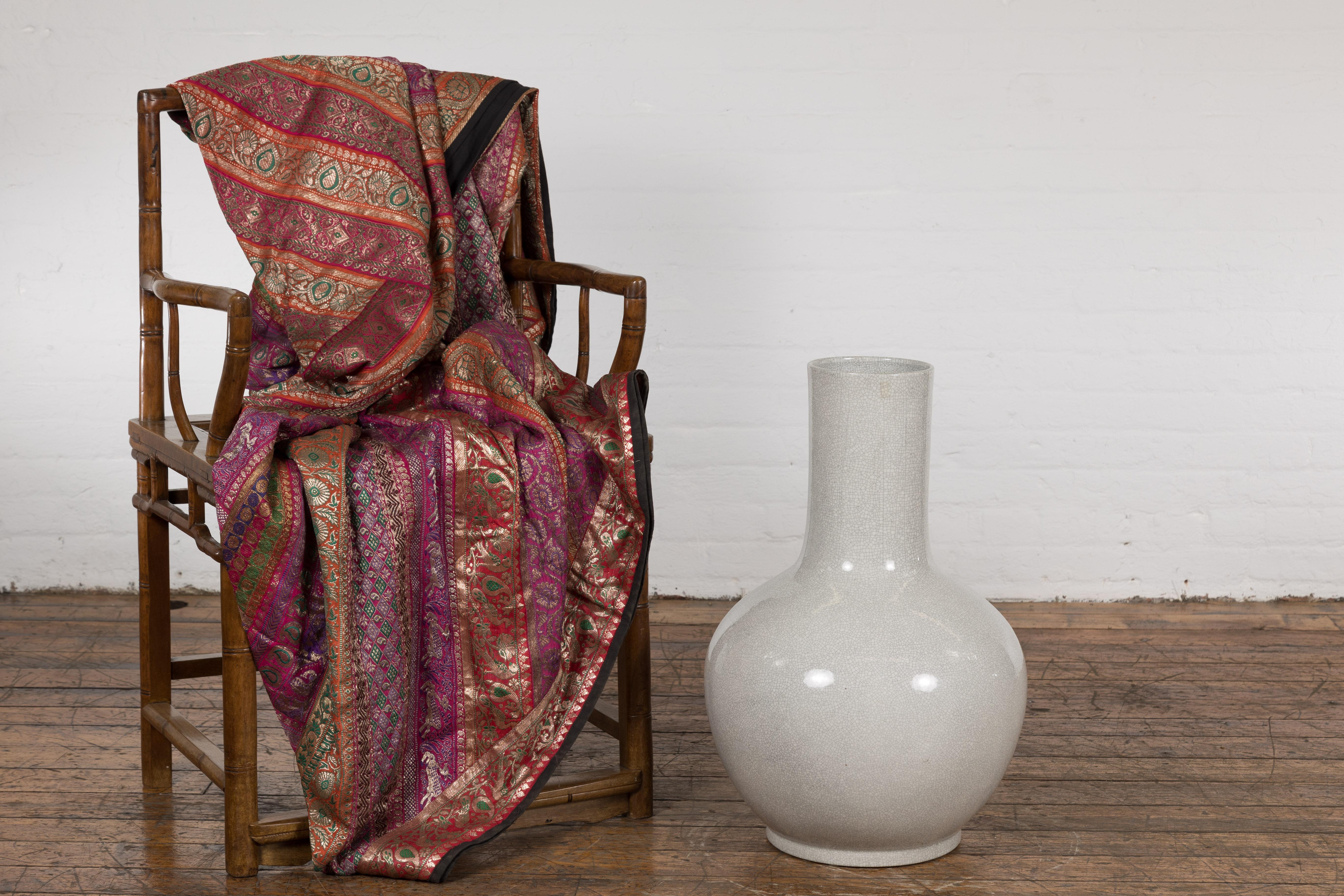 Glazed Chinese Vintage Kendi Shape Vase with Crackle Grey and White Finish For Sale