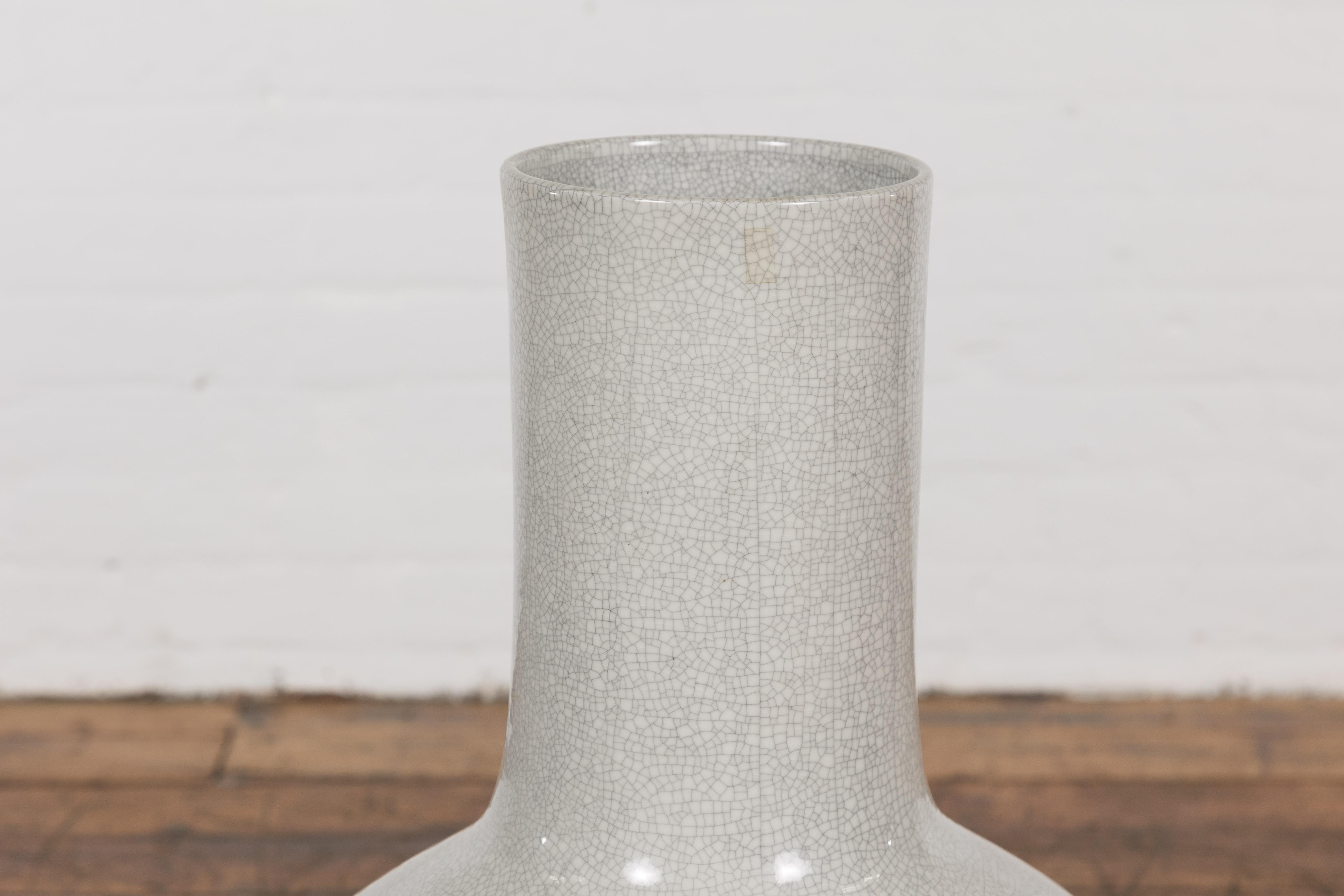 Ceramic Chinese Vintage Kendi Shape Vase with Crackle Grey and White Finish For Sale
